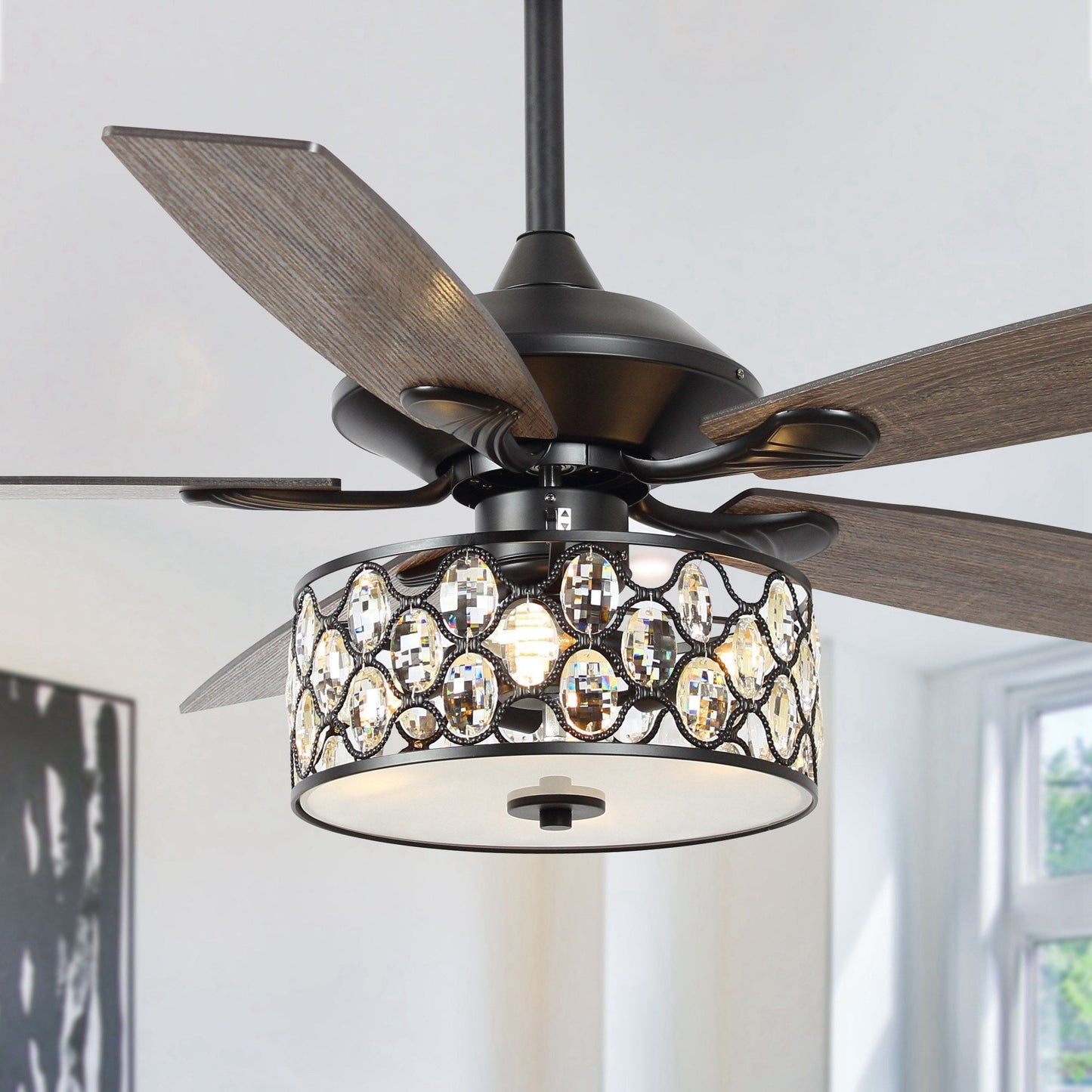 52 pouces Lustre moderne à 4 lumières avec ventilateur de plafond à cristaux et télécommande