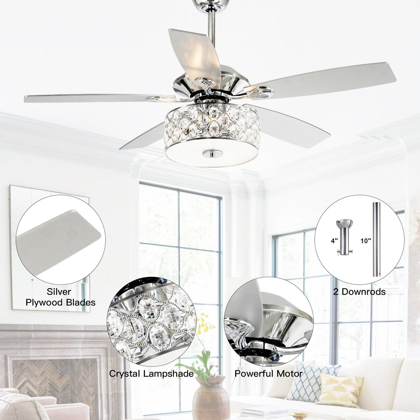 52 pouces Lustre moderne à 4 lumières avec ventilateur de plafond à cristaux et télécommande