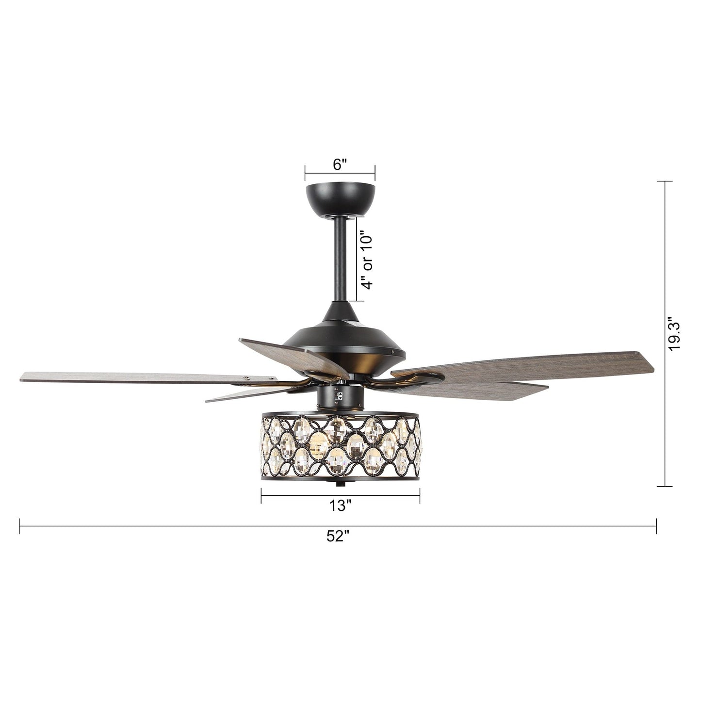 52 pouces Lustre moderne à 4 lumières avec ventilateur de plafond à cristaux et télécommande