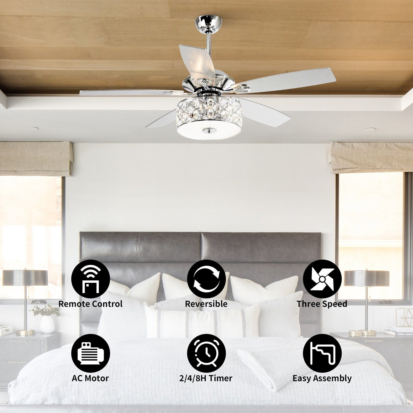 52 pouces Lustre moderne à 4 lumières avec ventilateur de plafond à cristaux et télécommande