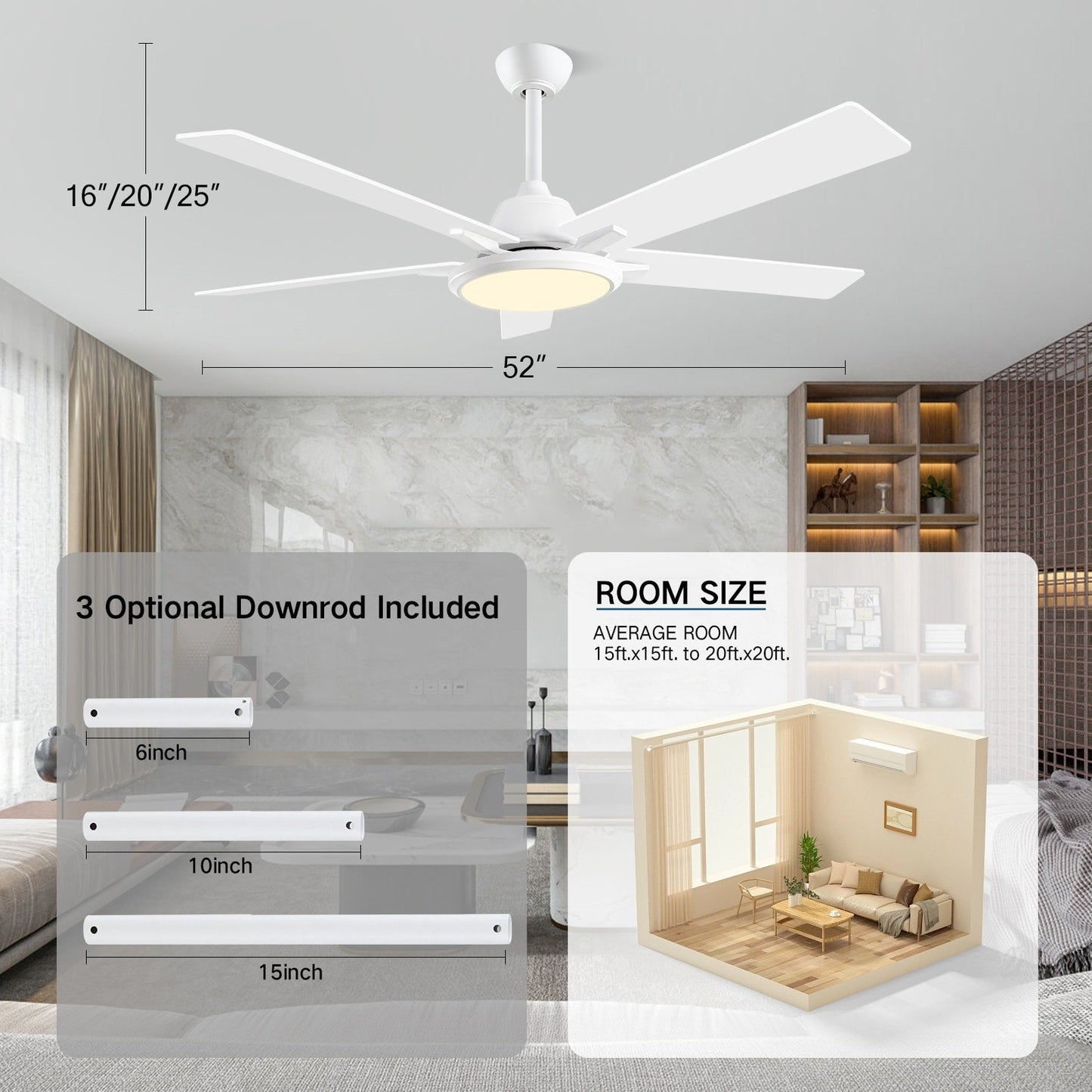 Ventilateurs de plafond modernes de 52 pouces avec éclairage et télécommande, LED à intensité variable