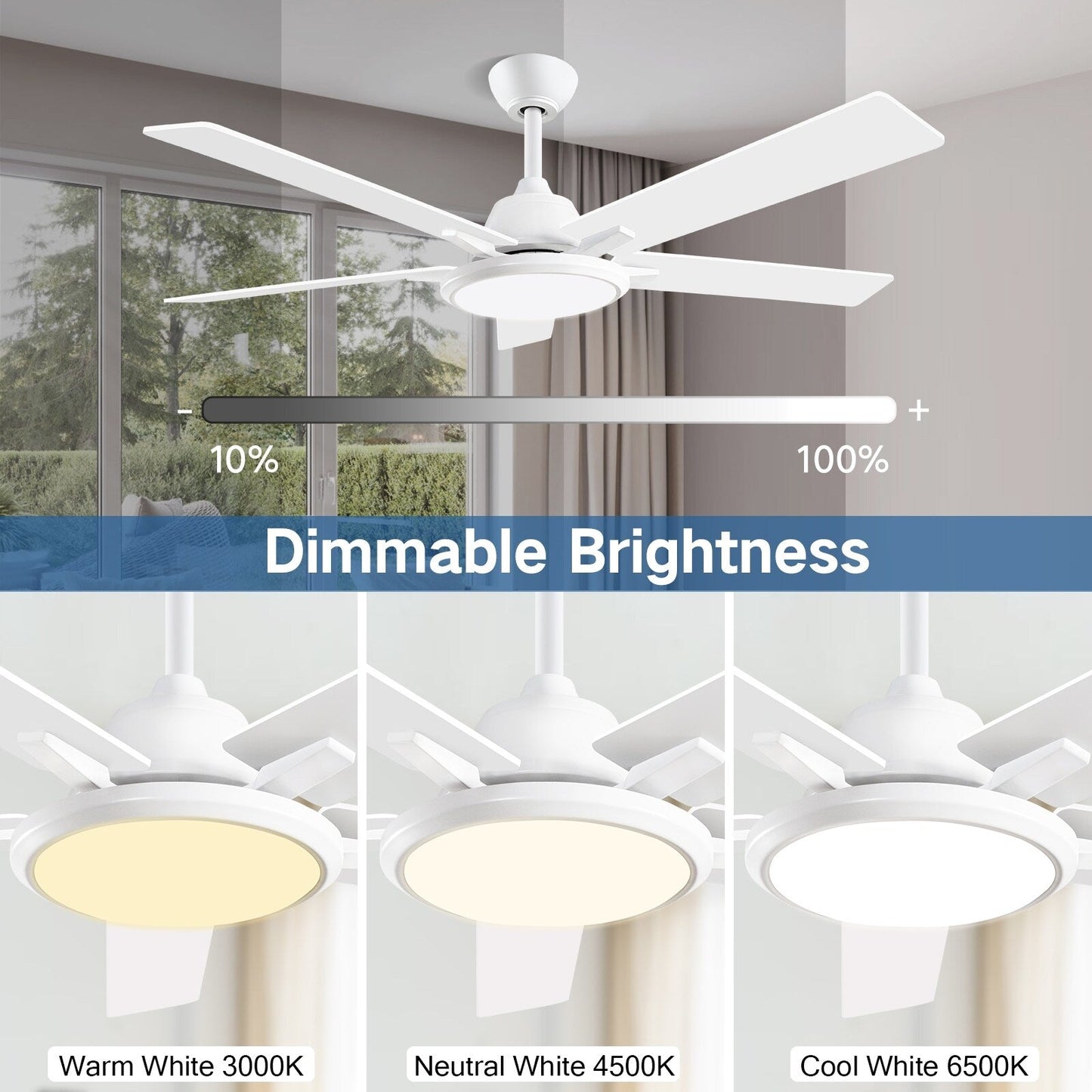 Ventilateurs de plafond modernes de 52 pouces avec éclairage et télécommande, LED à intensité variable
