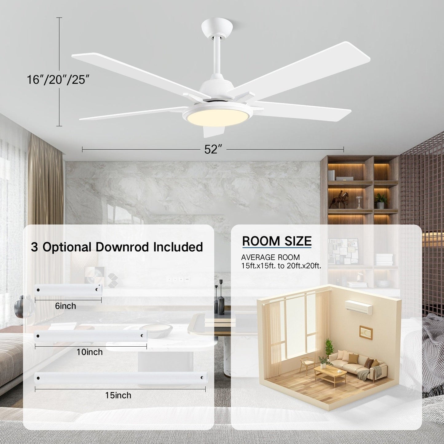 Ventilateurs de plafond modernes de 52 pouces avec éclairage et télécommande, LED à intensité variable