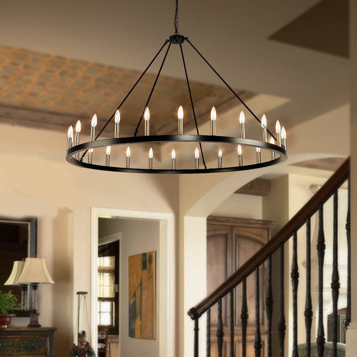 Luminaire à 24 lumières en forme de roue de charrette ronde de 54 pouces