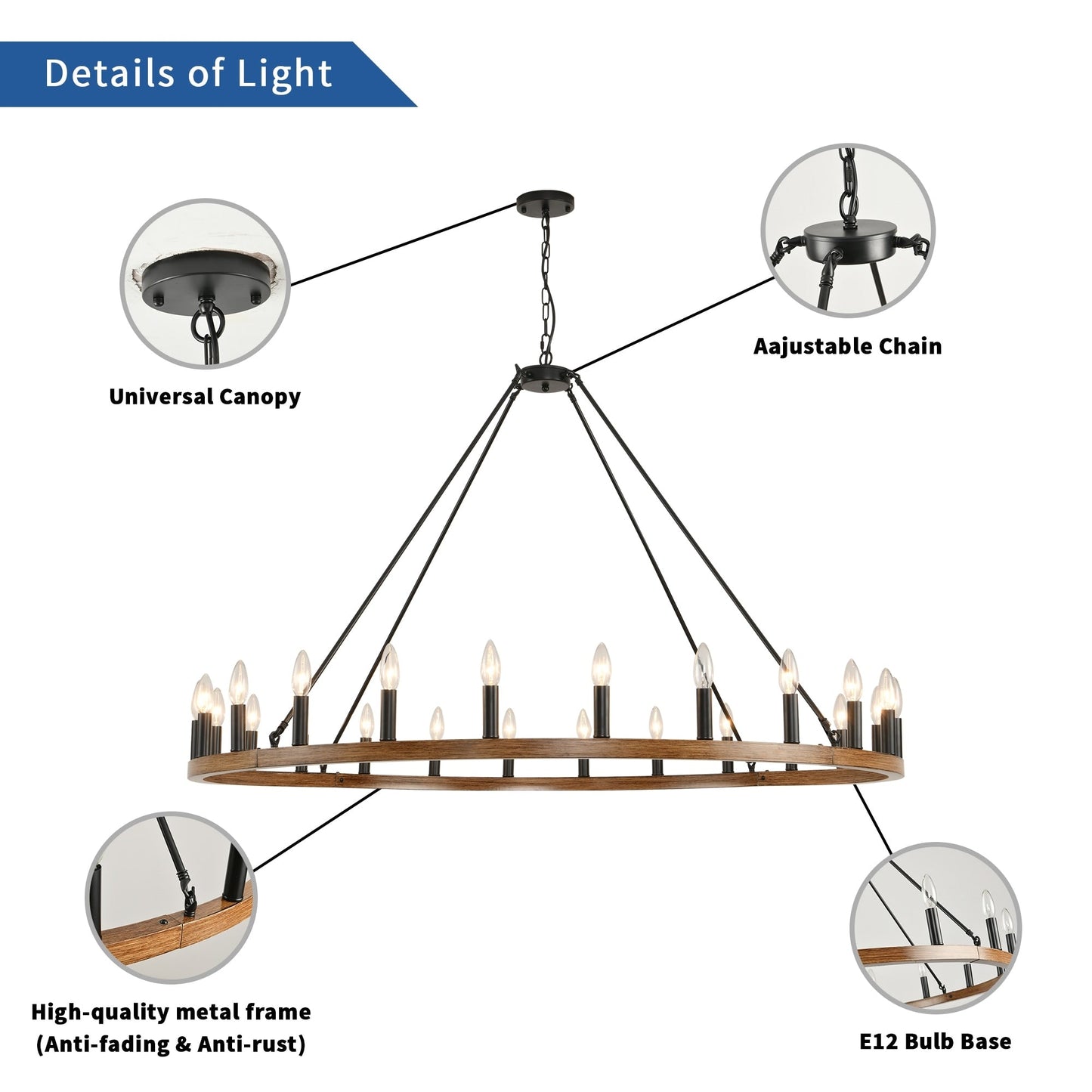 Luminaire à 24 lumières en forme de roue de charrette ronde de 54 pouces
