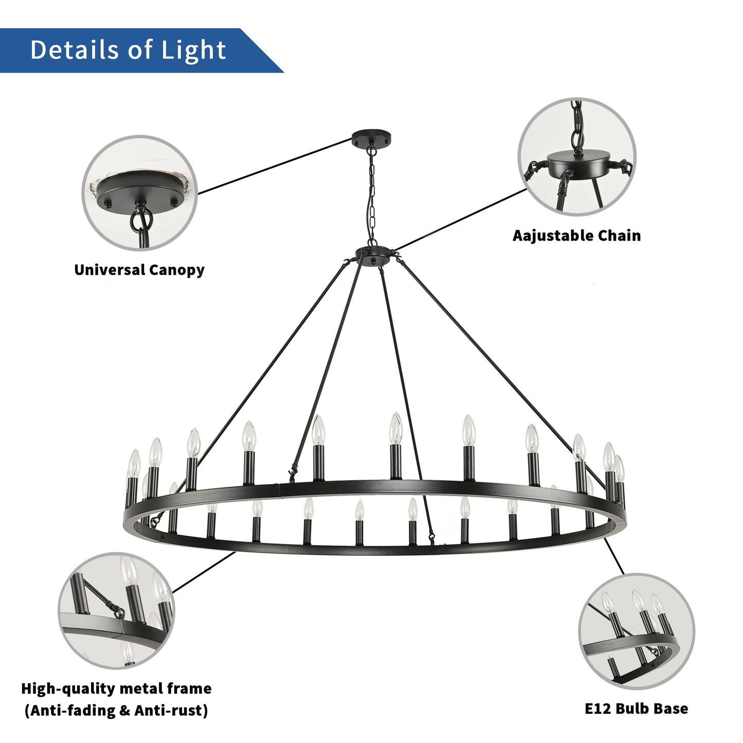 Luminaire à 24 lumières en forme de roue de charrette ronde de 54 pouces