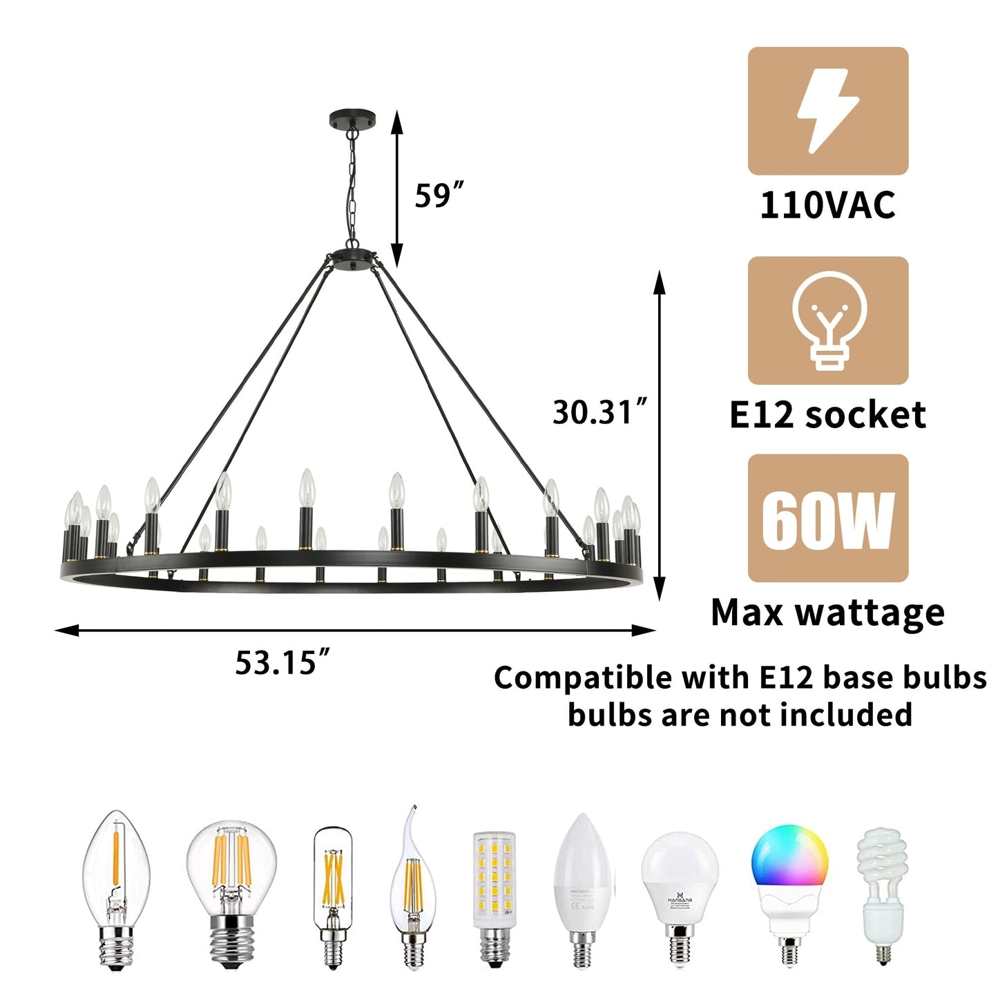 Luminaire à 24 lumières en forme de roue de charrette ronde de 54 pouces