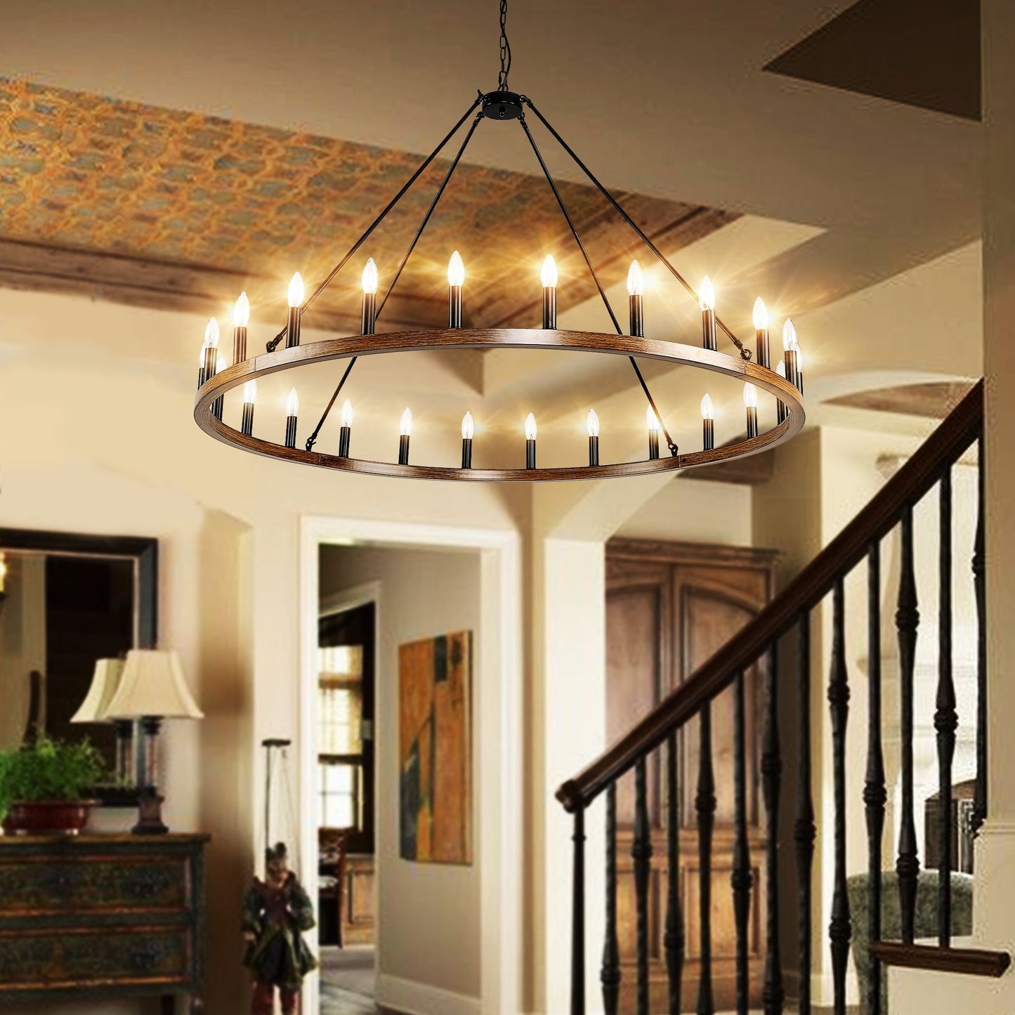 Luminaire à 24 lumières en forme de roue de charrette ronde de 54 pouces