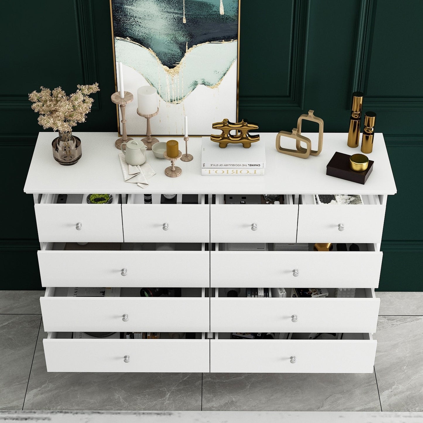 Commode de chambre à coucher double de 135 cm de large avec tiroirs de rangement