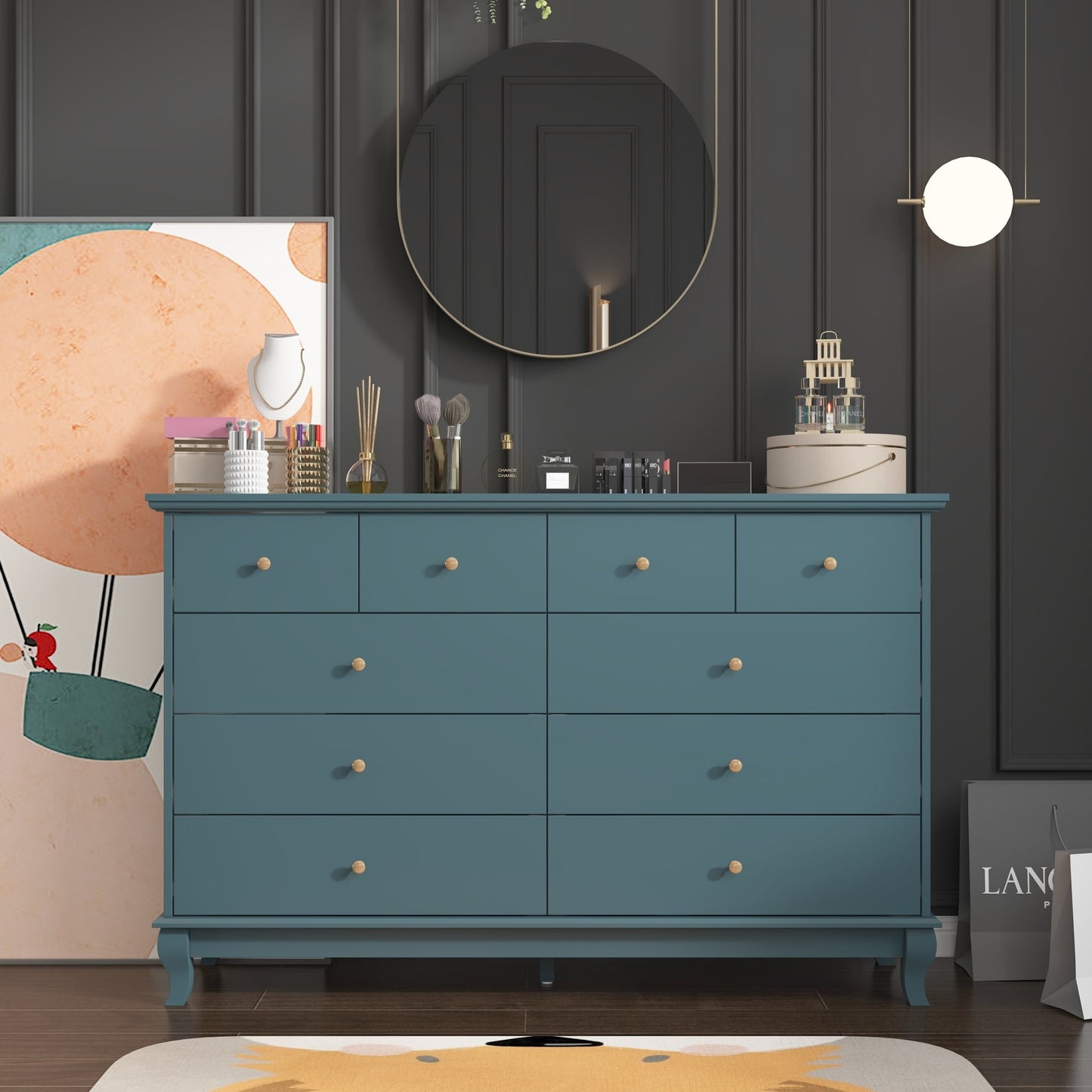 Commode de chambre à coucher double de 135 cm de large avec tiroirs de rangement