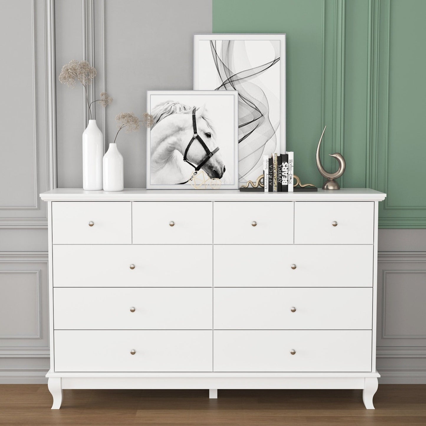 Commode de chambre à coucher double de 135 cm de large avec tiroirs de rangement