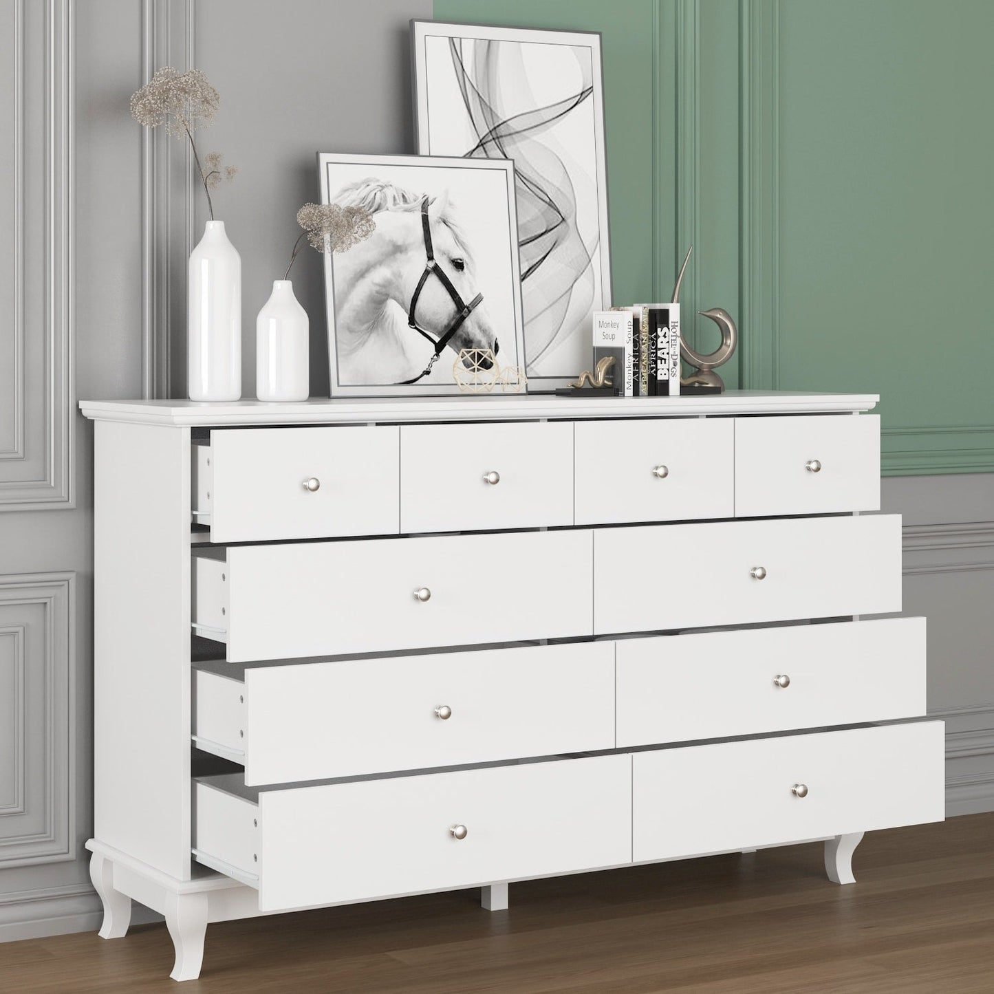 Commode de chambre à coucher double de 135 cm de large avec tiroirs de rangement
