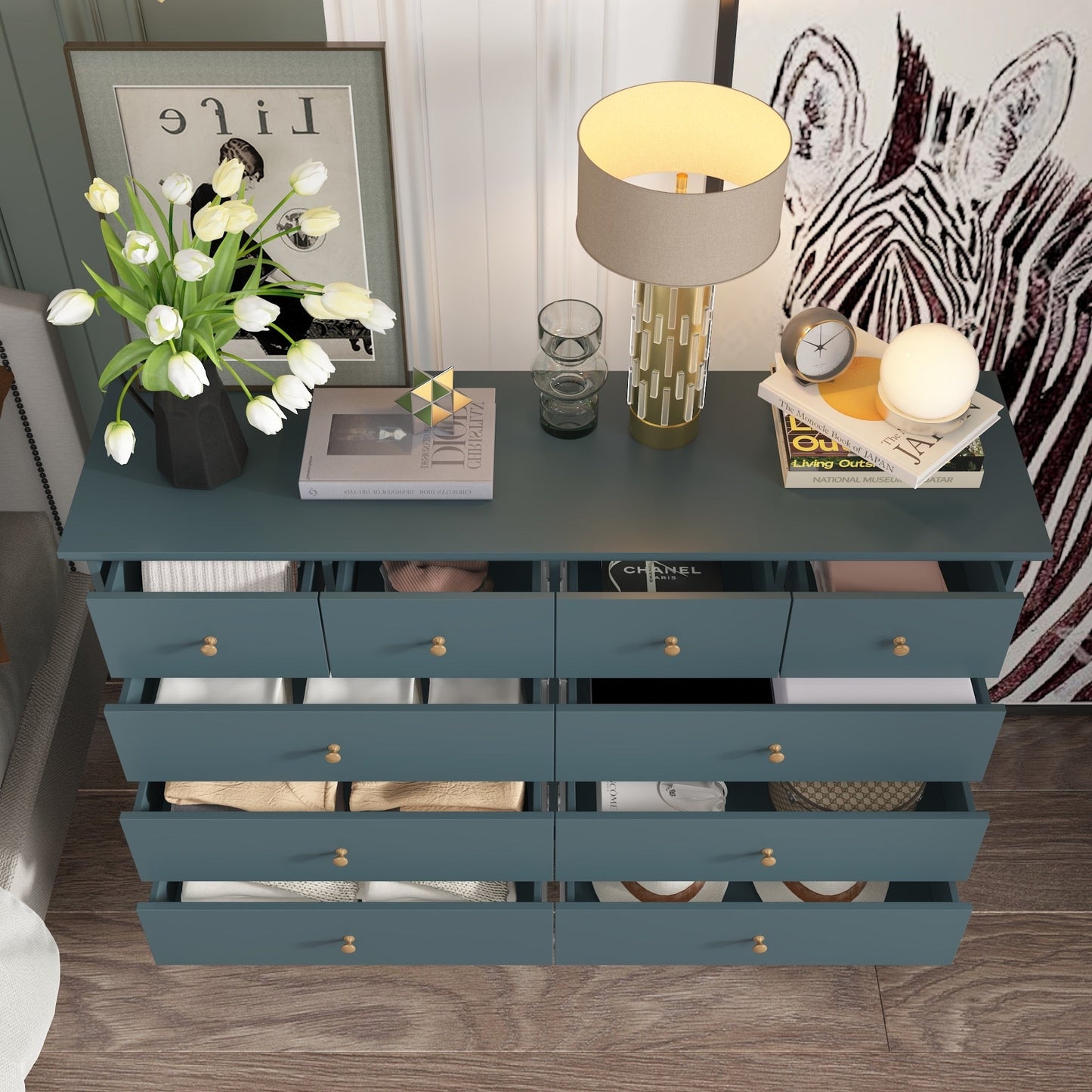 Commode de chambre à coucher double de 135 cm de large avec tiroirs de rangement