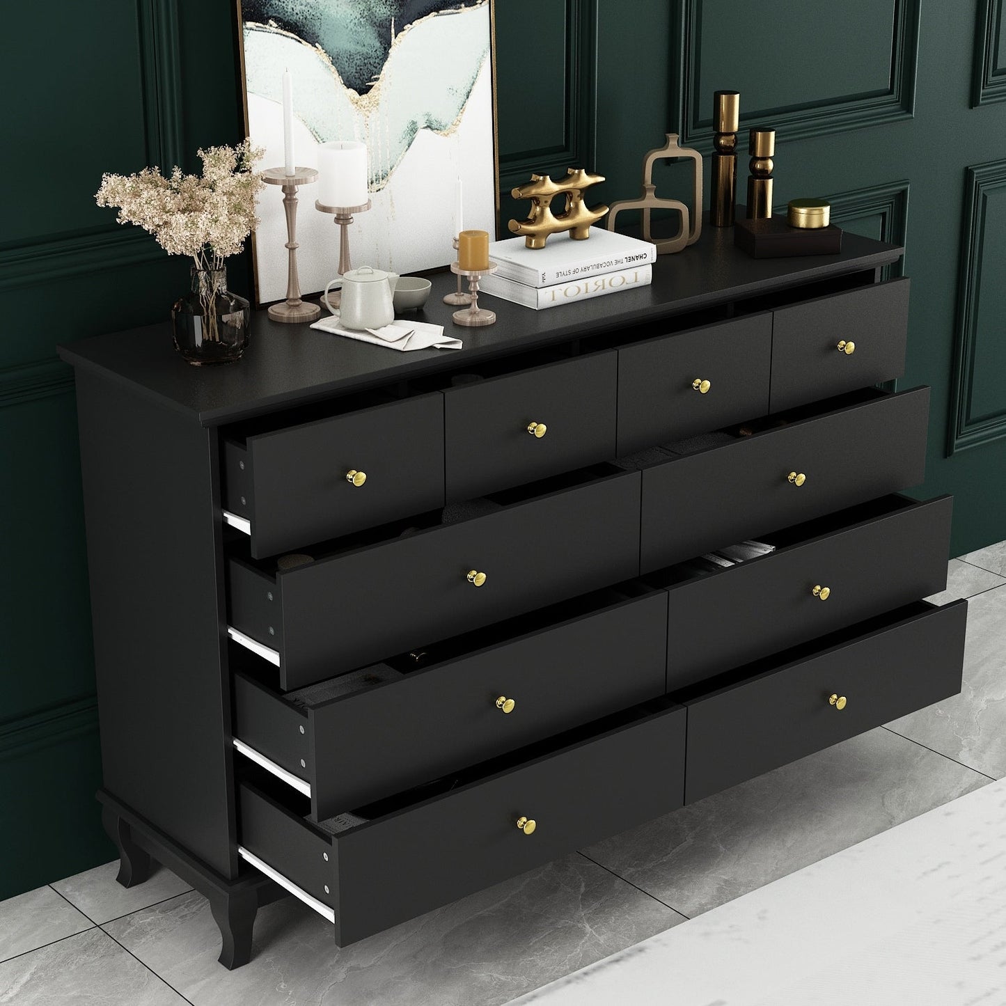 Commode de chambre à coucher double de 135 cm de large avec tiroirs de rangement