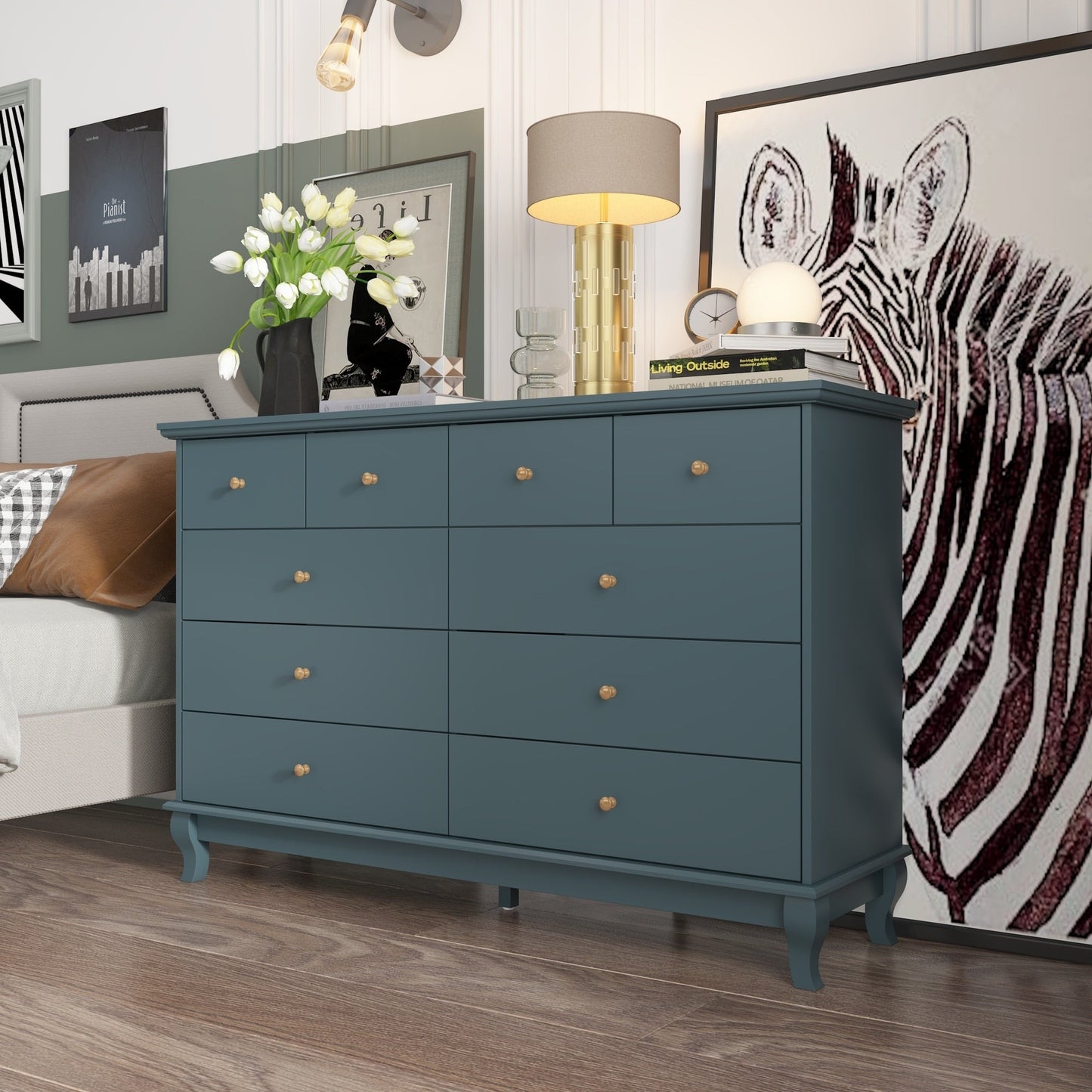 Commode de chambre à coucher double de 135 cm de large avec tiroirs de rangement