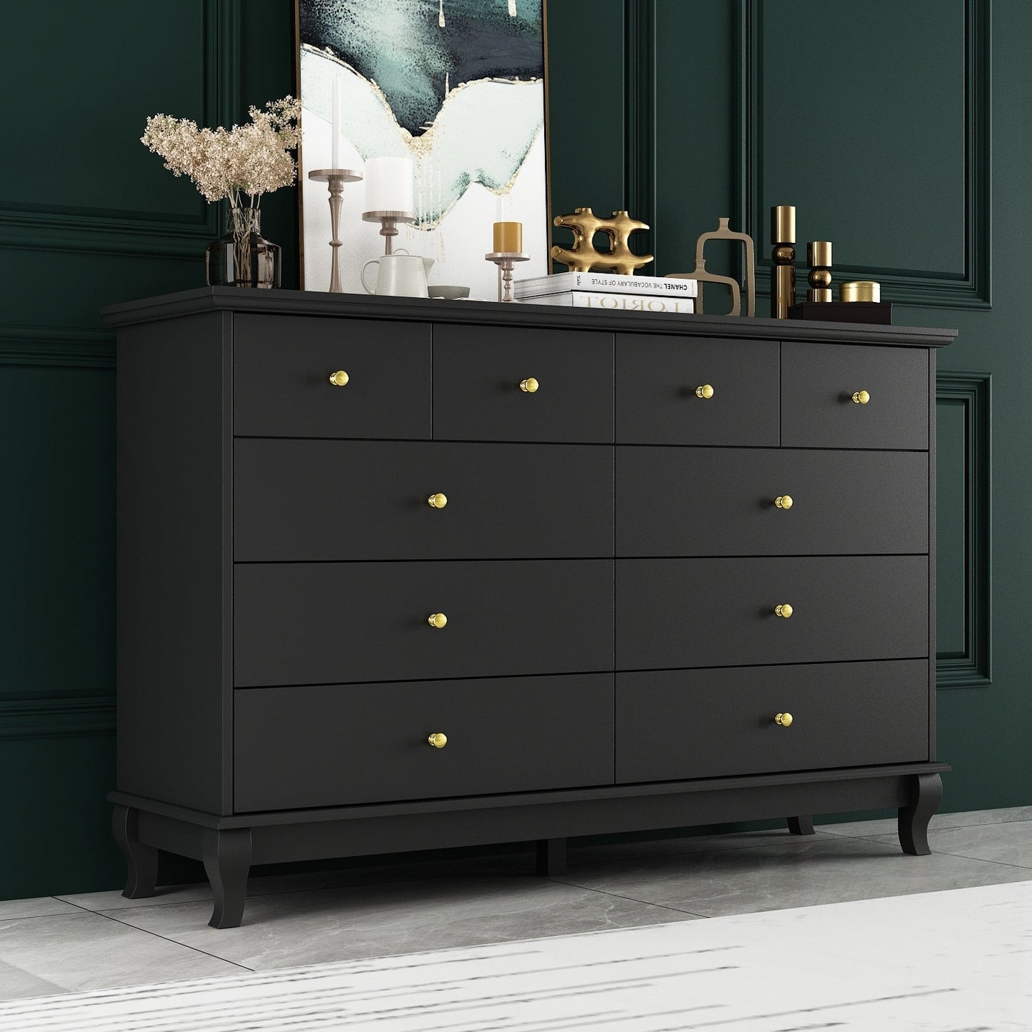 Commode de chambre à coucher double de 135 cm de large avec tiroirs de rangement