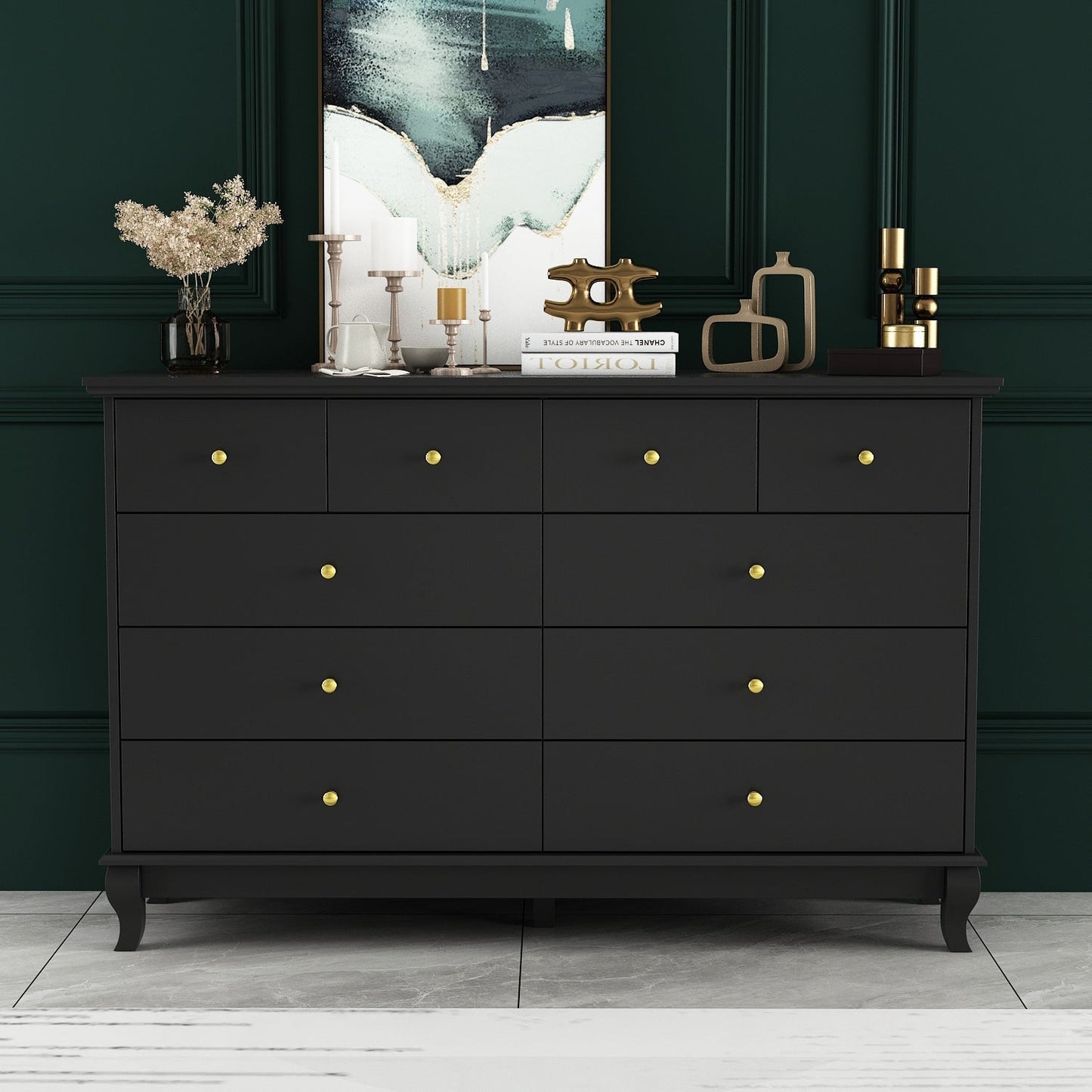 Commode de chambre à coucher double de 135 cm de large avec tiroirs de rangement