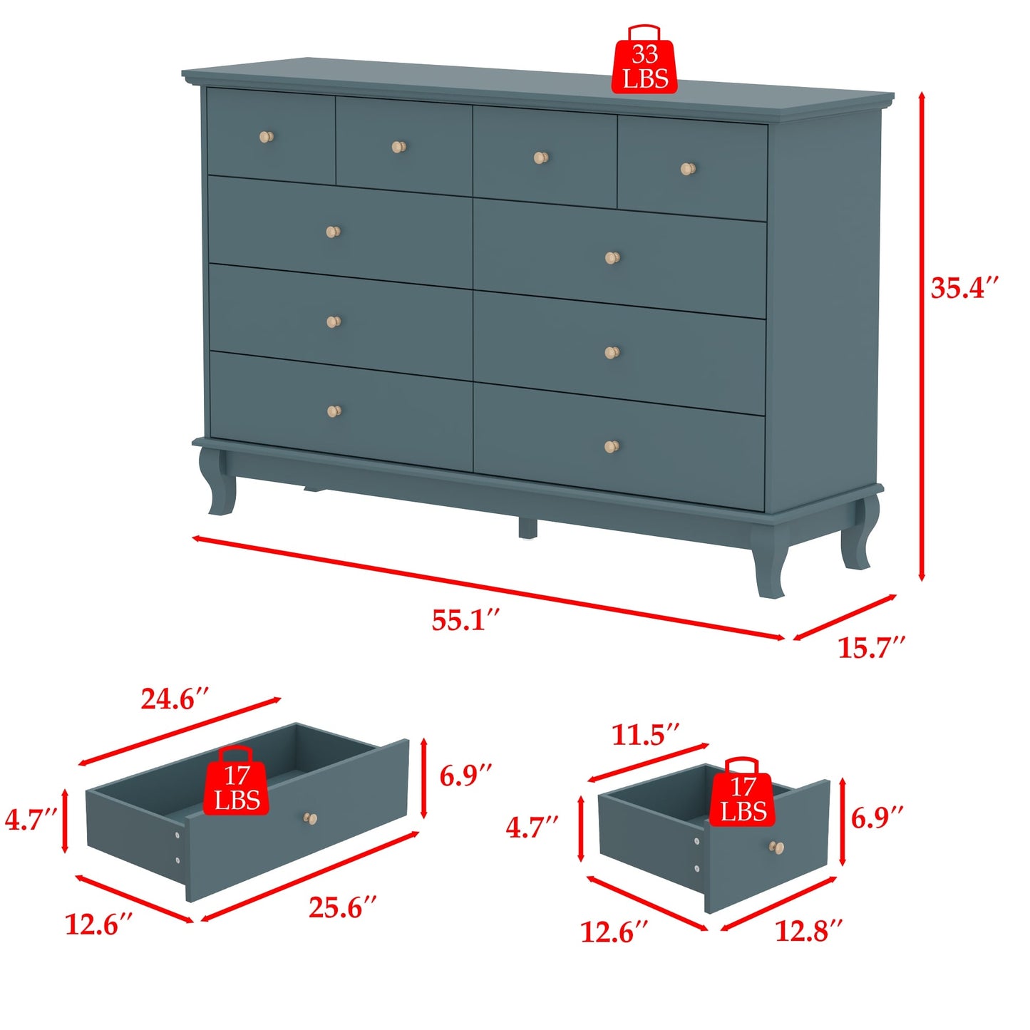 Commode de chambre à coucher double de 135 cm de large avec tiroirs de rangement