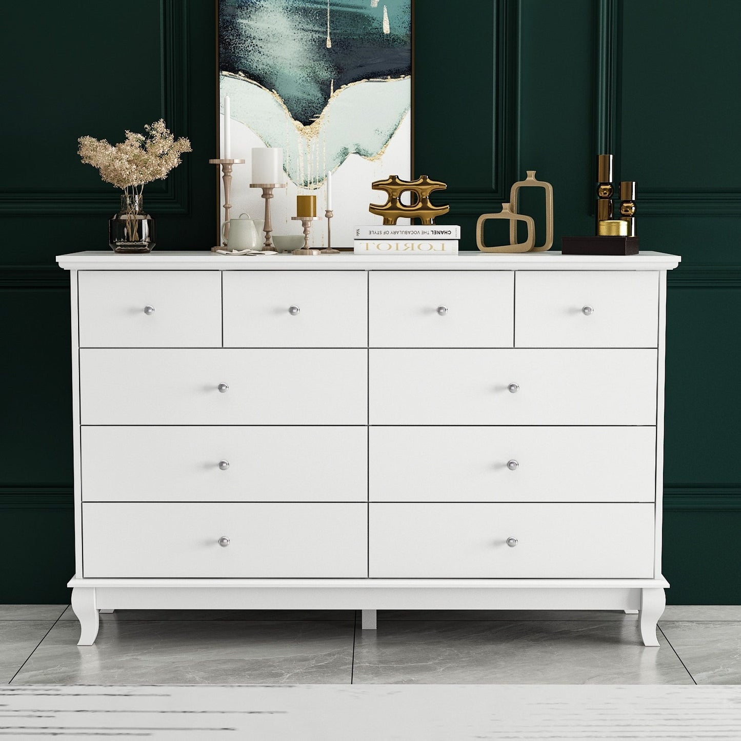 Commode de chambre à coucher double de 135 cm de large avec tiroirs de rangement