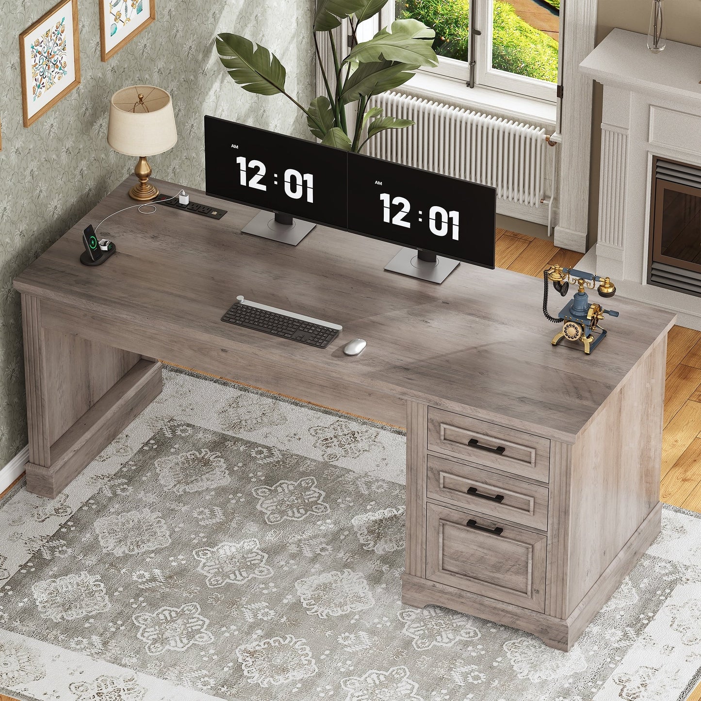 Bureau de direction style farmhouse, bureau de travail à domicile, bureau avec tiroir à dossiers, support de moniteur, prise de courant.