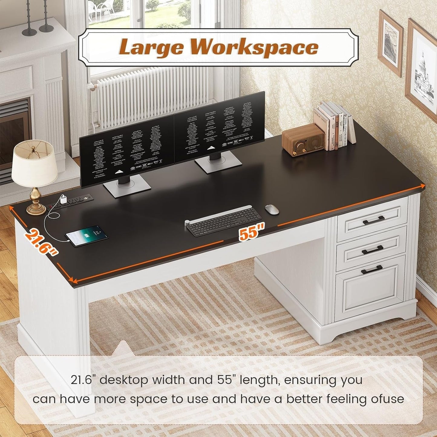 Bureau de direction style farmhouse, bureau de travail à domicile, bureau avec tiroir à dossiers, support de moniteur, prise de courant.