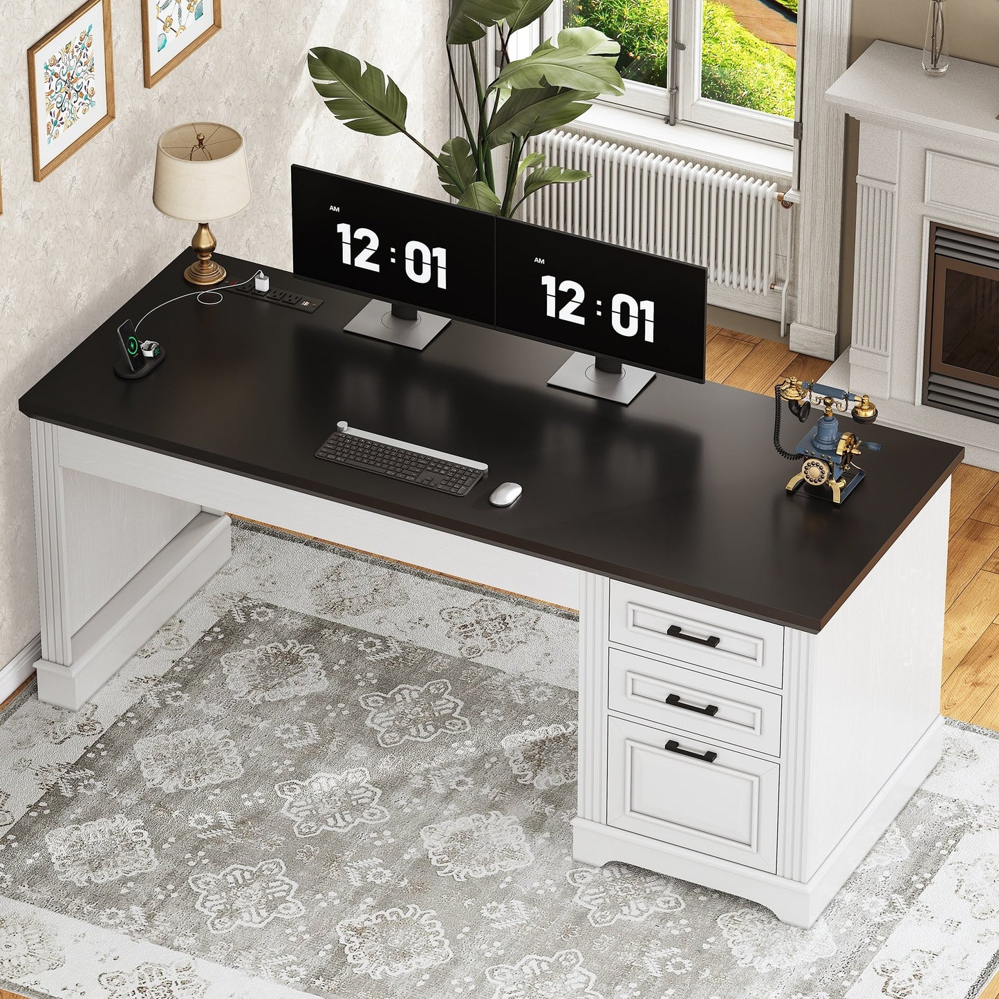 Bureau de direction style farmhouse, bureau de travail à domicile, bureau avec tiroir à dossiers, support de moniteur, prise de courant.