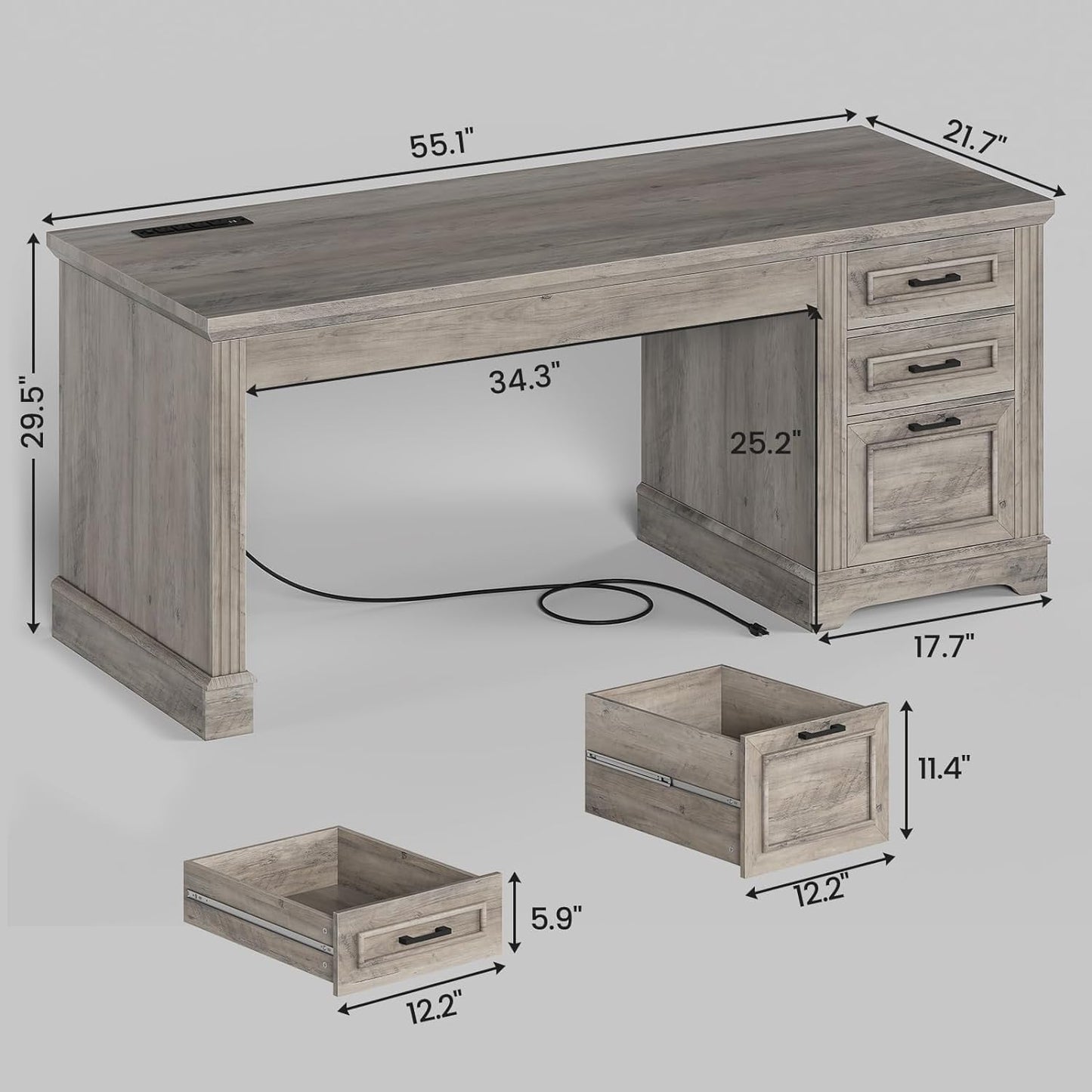 Bureau de direction style farmhouse, bureau de travail à domicile, bureau avec tiroir à dossiers, support de moniteur, prise de courant.