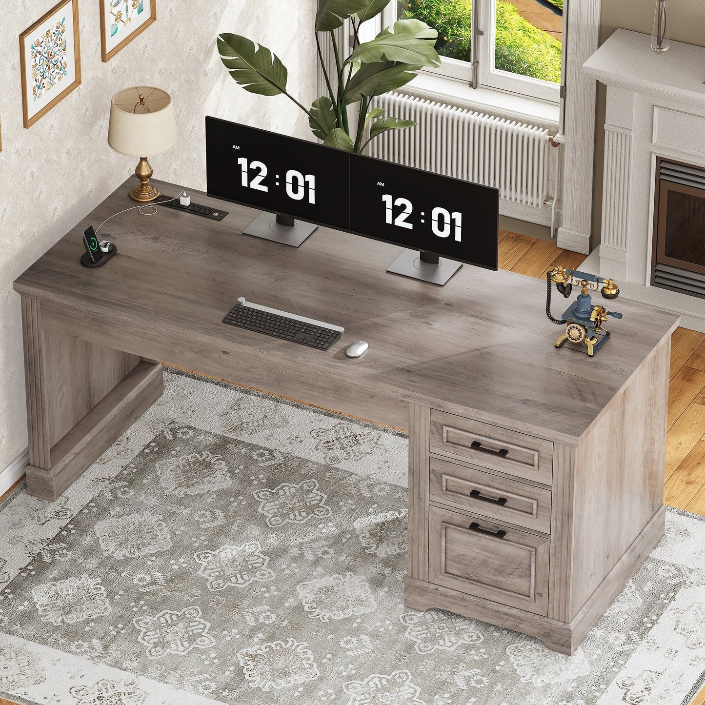 Bureau de direction style farmhouse, bureau de travail à domicile, bureau avec tiroir à dossiers, support de moniteur, prise de courant.