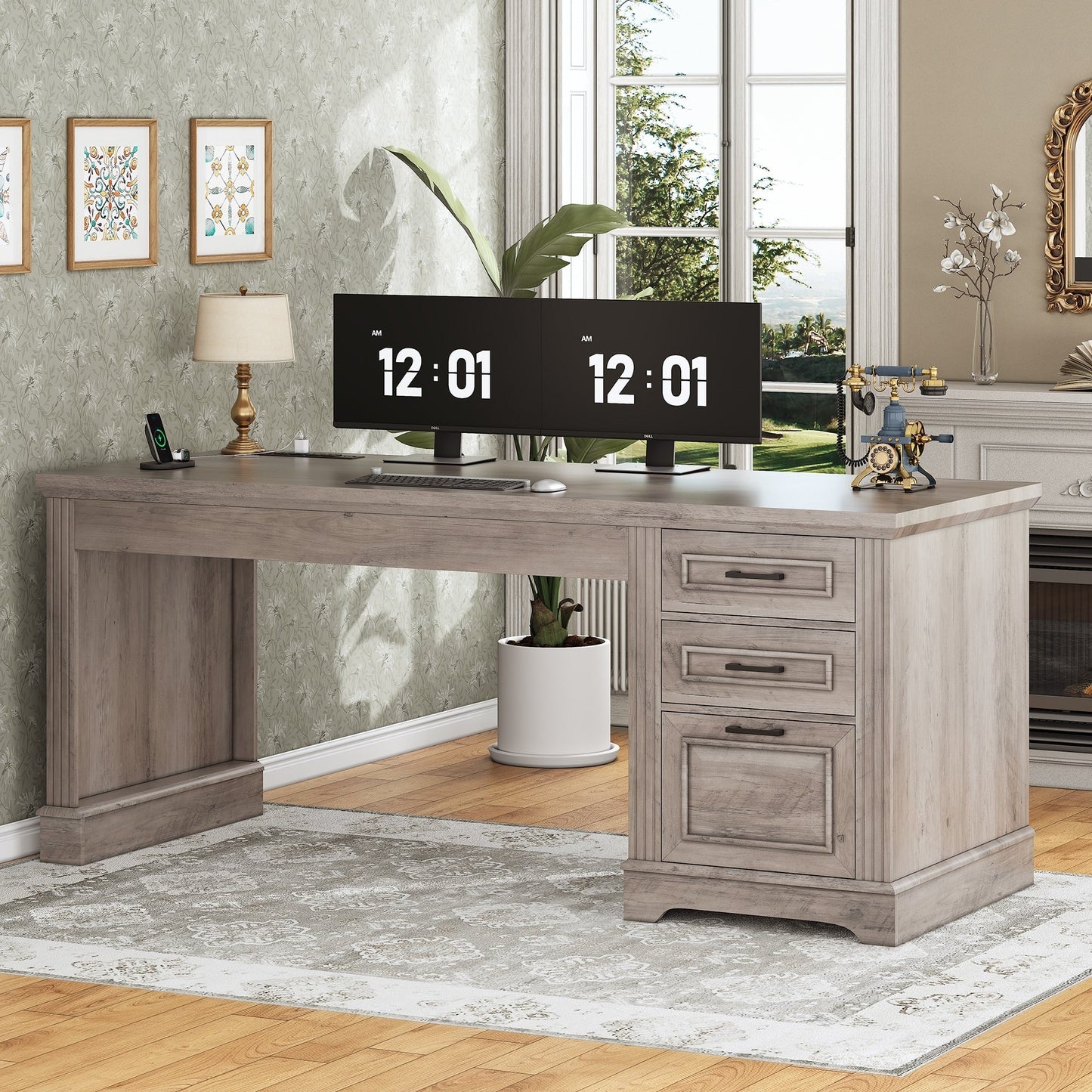 Bureau de direction style farmhouse, bureau de travail à domicile, bureau avec tiroir à dossiers, support de moniteur, prise de courant.