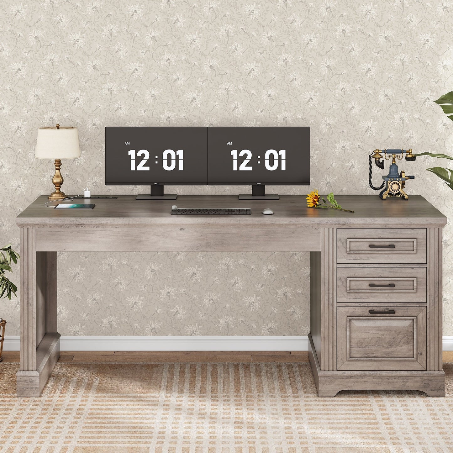 Bureau de direction style farmhouse, bureau de travail à domicile, bureau avec tiroir à dossiers, support de moniteur, prise de courant.