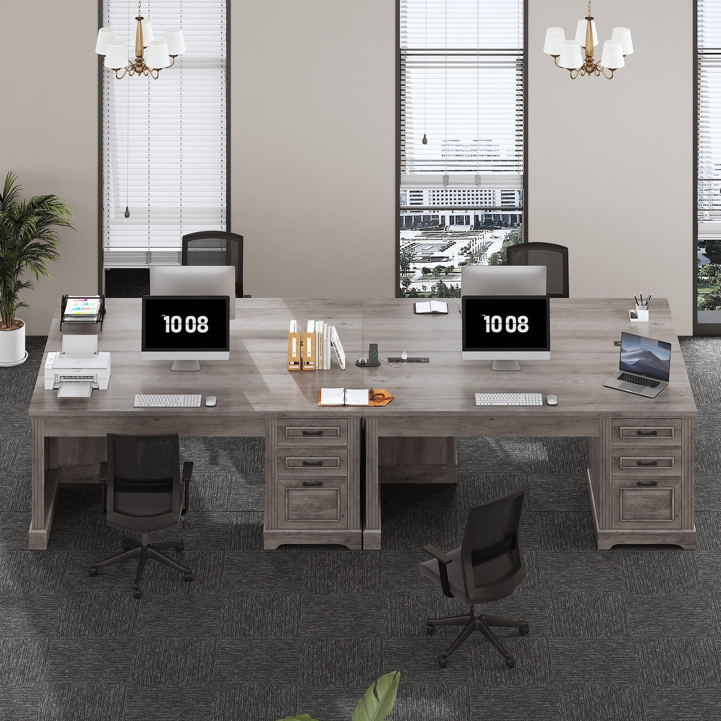Bureau de direction style farmhouse, bureau de travail à domicile, bureau avec tiroir à dossiers, support de moniteur, prise de courant.