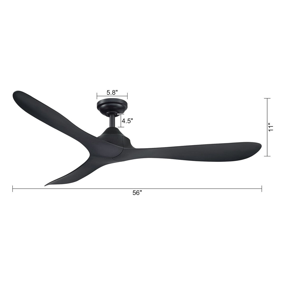 Ventilateur de plafond à 56 pouces, moderne, noir, à 3 pales, avec moteur à courant continu et télécommande.