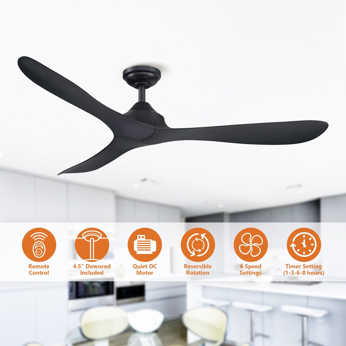 Ventilateur de plafond à 56 pouces, moderne, noir, à 3 pales, avec moteur à courant continu et télécommande.