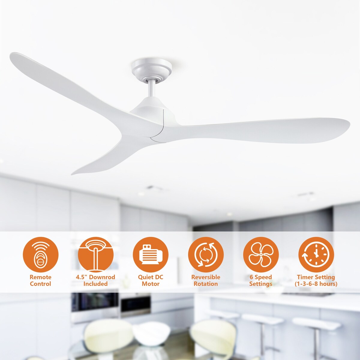 Ventilateur de plafond à 56 pouces, moderne, noir, à 3 pales, avec moteur à courant continu et télécommande.