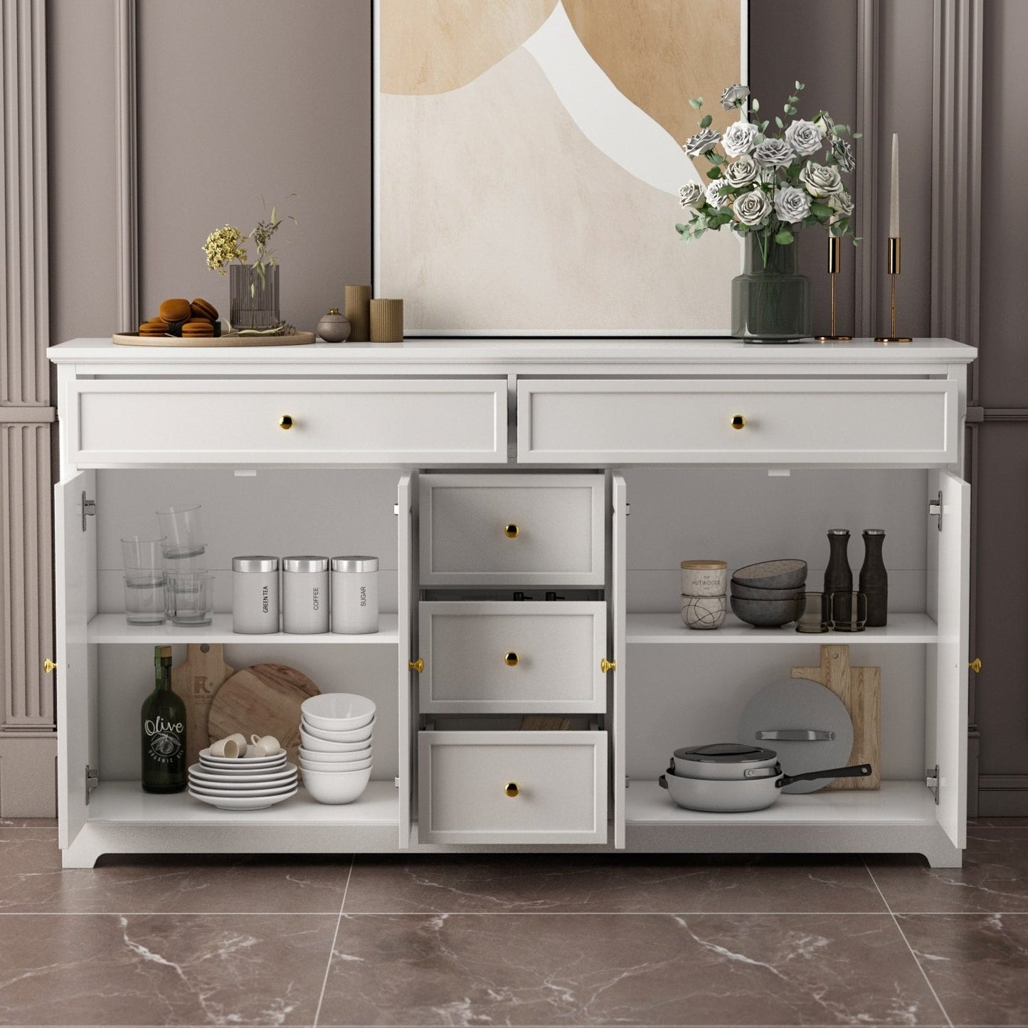 Buffet à 59,1 pouces, blanc, style moderne contemporain du milieu du siècle, laqué.