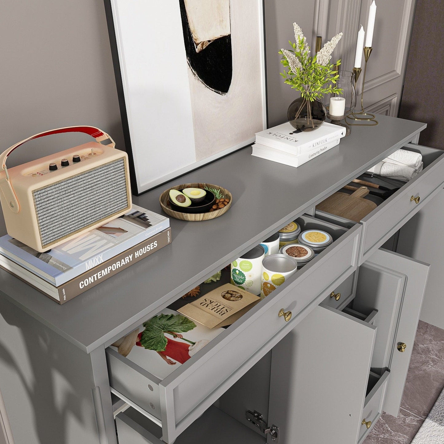 Buffet à 59,1 pouces, blanc, style moderne contemporain du milieu du siècle, laqué.