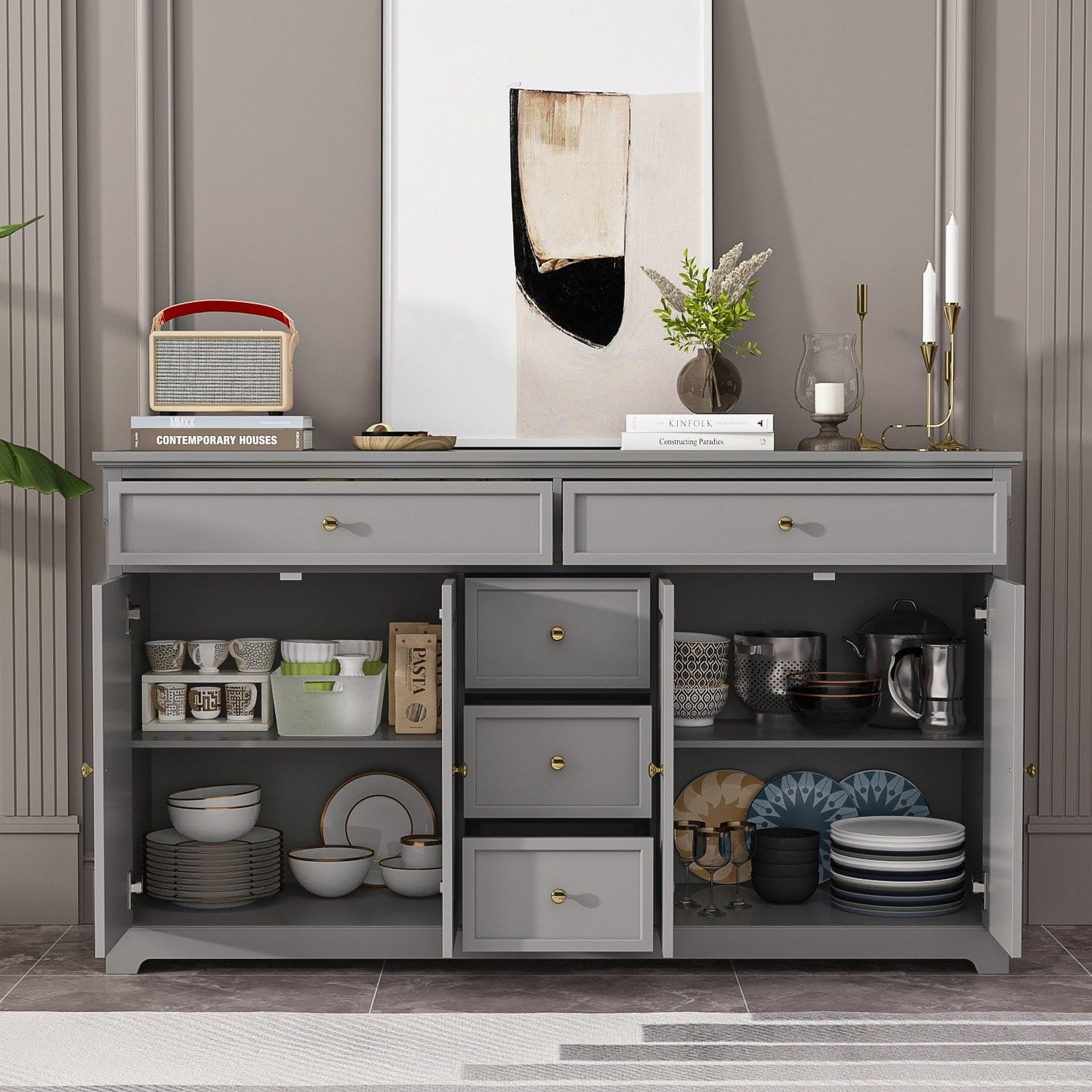 Buffet à 59,1 pouces, blanc, style moderne contemporain du milieu du siècle, laqué.