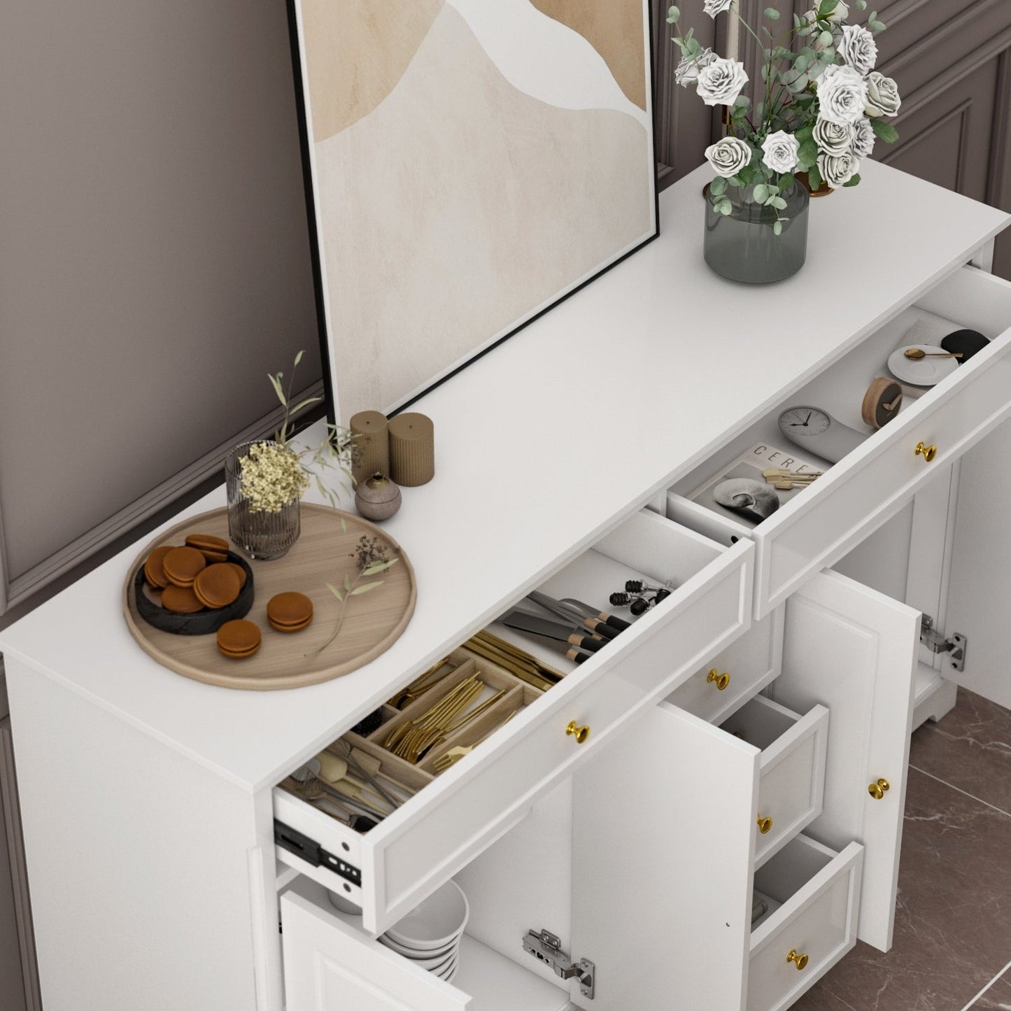 Buffet à 59,1 pouces, blanc, style moderne contemporain du milieu du siècle, laqué.