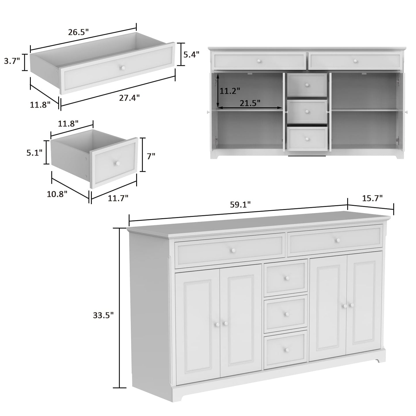 Buffet à 59,1 pouces, blanc, style moderne contemporain du milieu du siècle, laqué.
