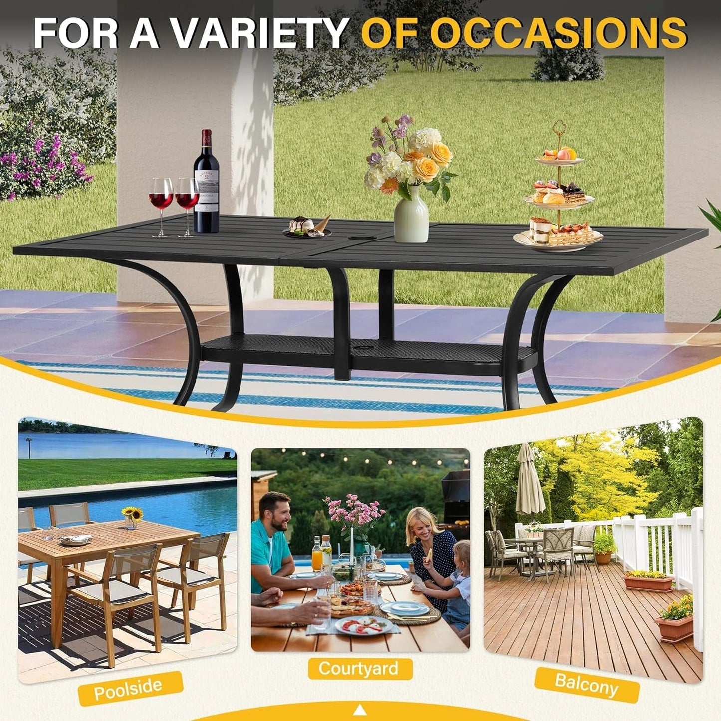 Table rectangulaire de salle à manger en métal à lattes pour extérieur, avec trou pour parasol, 60 x 37 pouces, pour 6 personnes