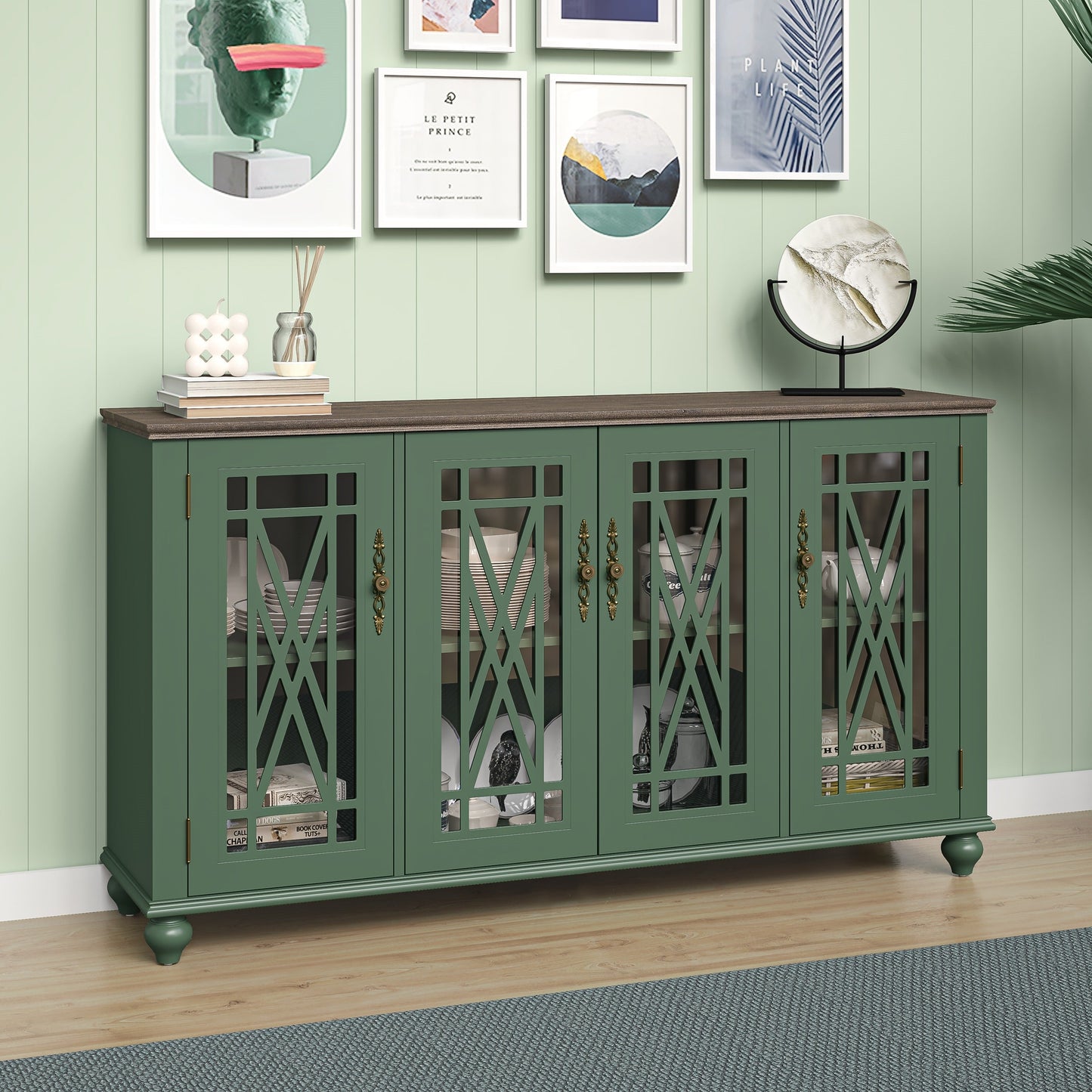Buffet de cuisine de style vintage en bois, 63 pouces de largeur.