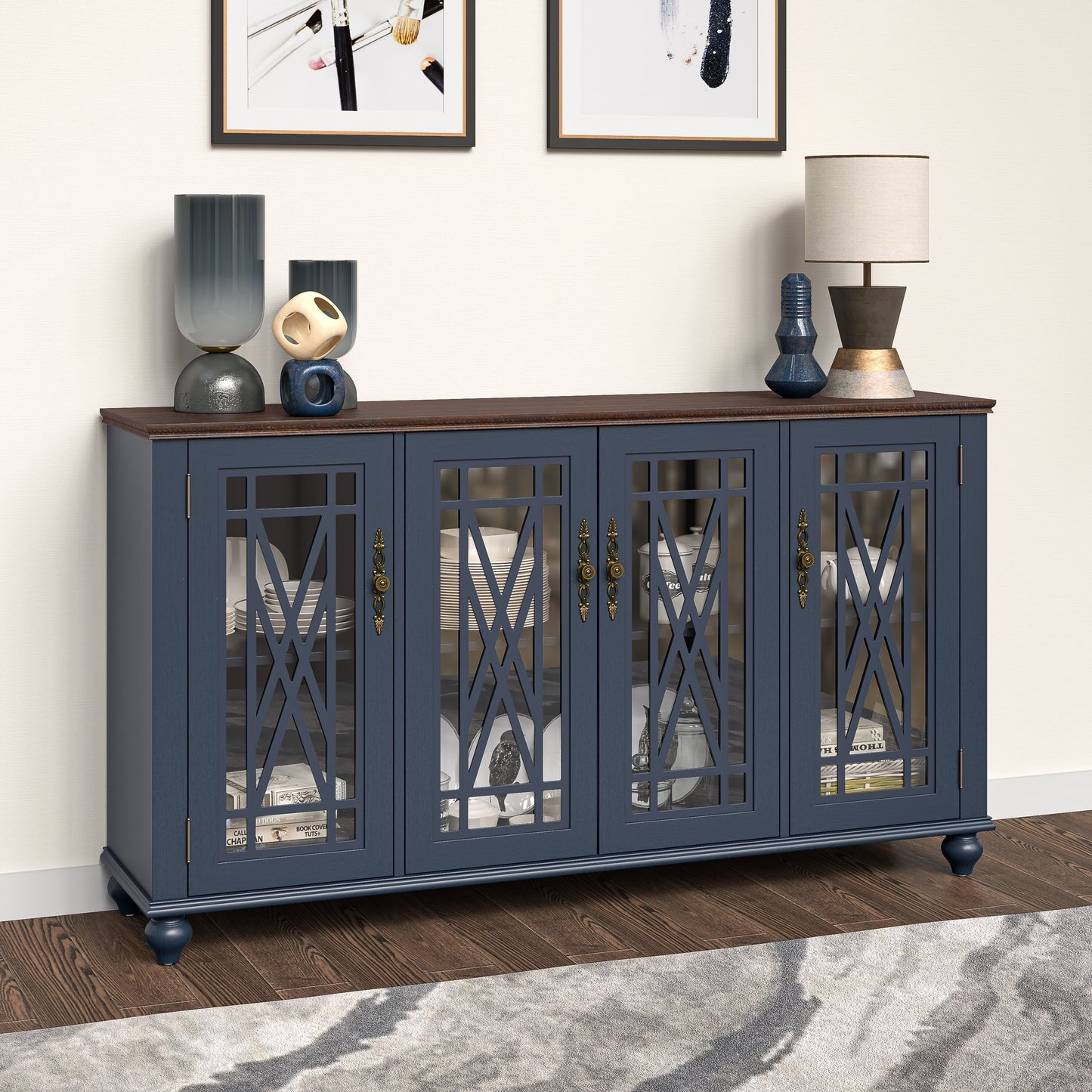 Buffet de cuisine de style vintage en bois, 63 pouces de largeur.
