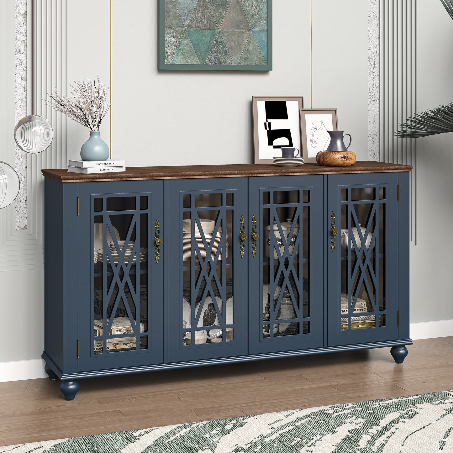 Buffet de cuisine de style vintage en bois, 63 pouces de largeur.