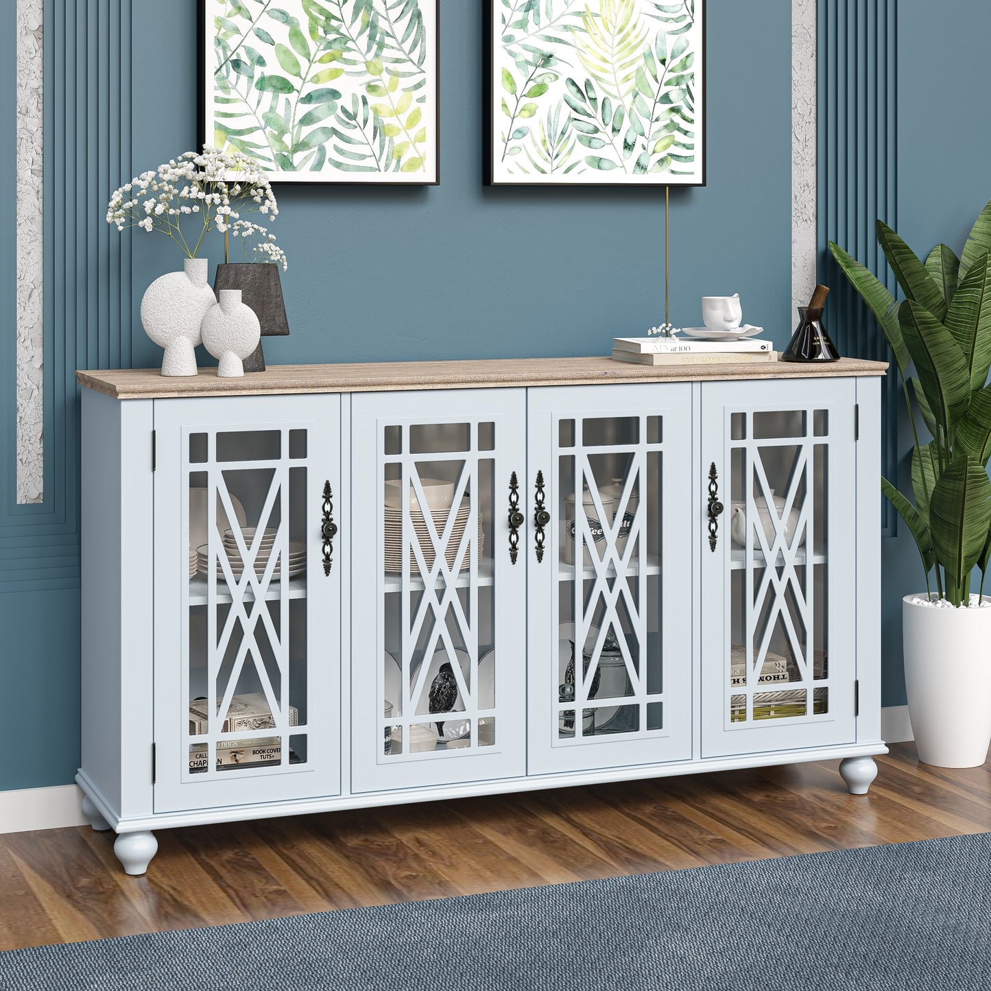 Buffet de cuisine de style vintage en bois, 63 pouces de largeur.