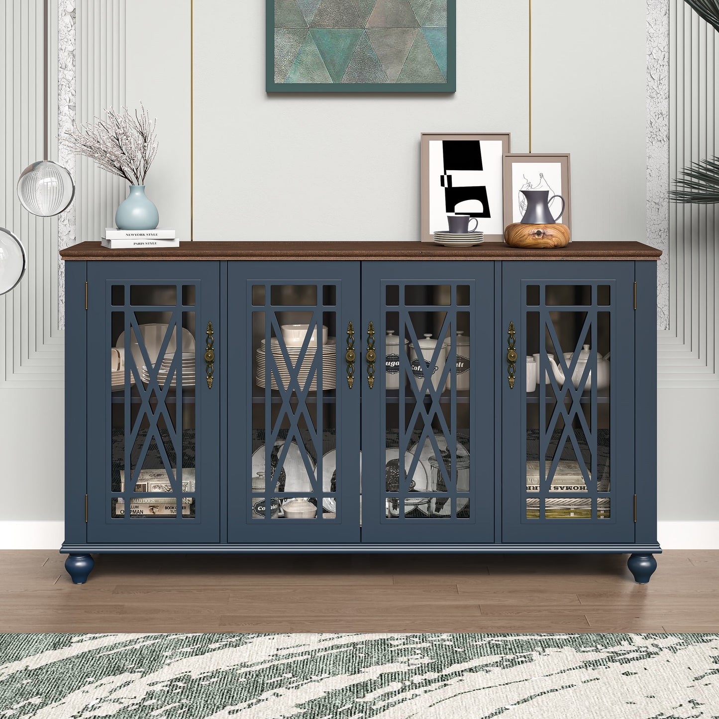 Buffet de cuisine de style vintage en bois, 63 pouces de largeur.