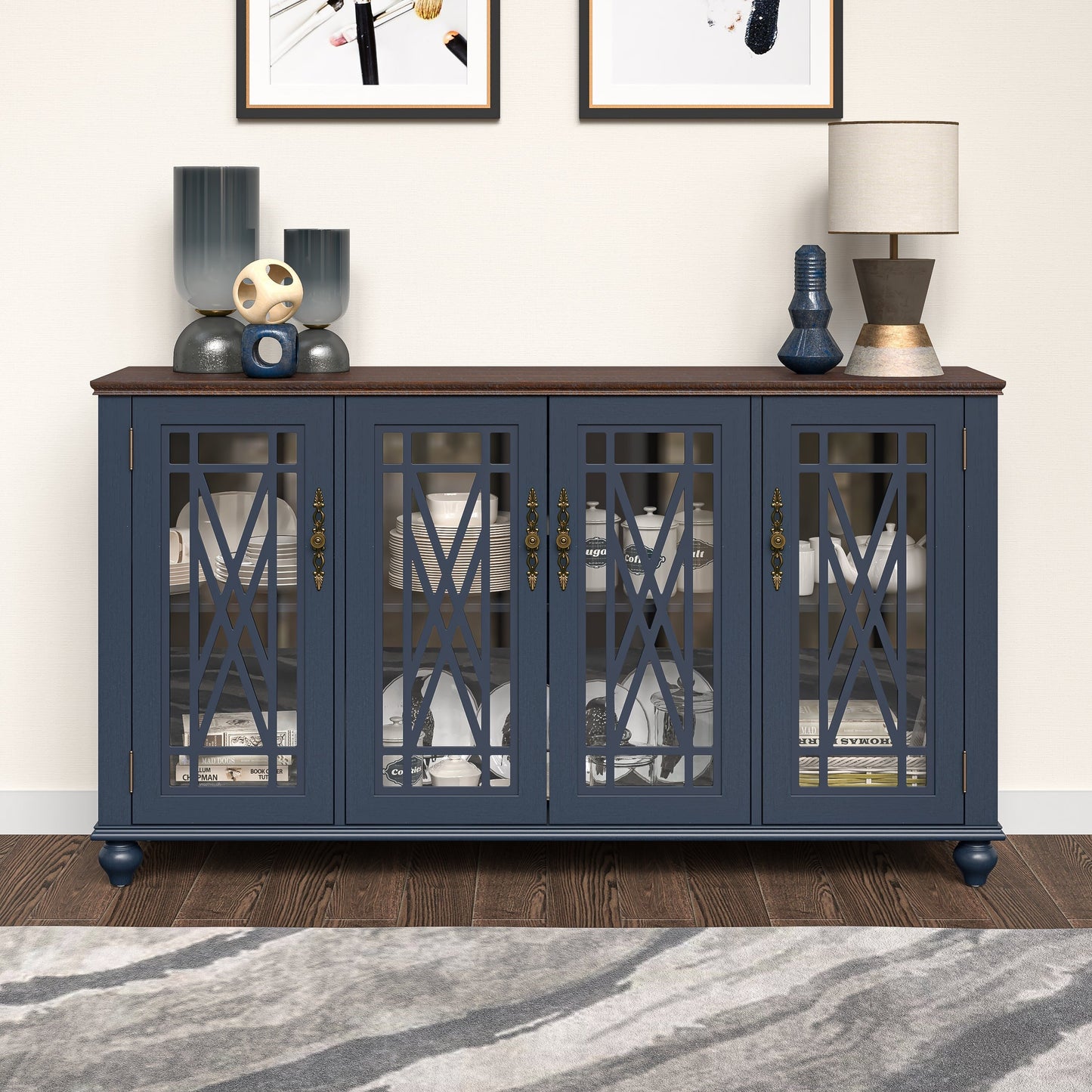 Buffet de cuisine de style vintage en bois, 63 pouces de largeur.
