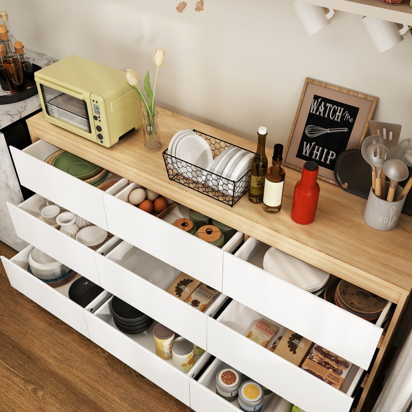 Meuble de rangement à 9 tiroirs, 63W, pour salon ou chambre à coucher.