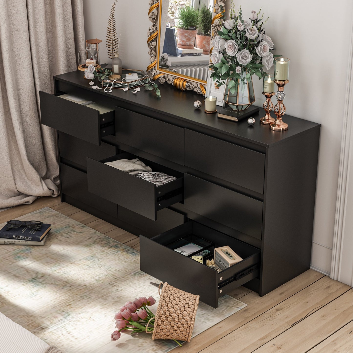 Meuble de rangement à 9 tiroirs, 63W, pour salon ou chambre à coucher.