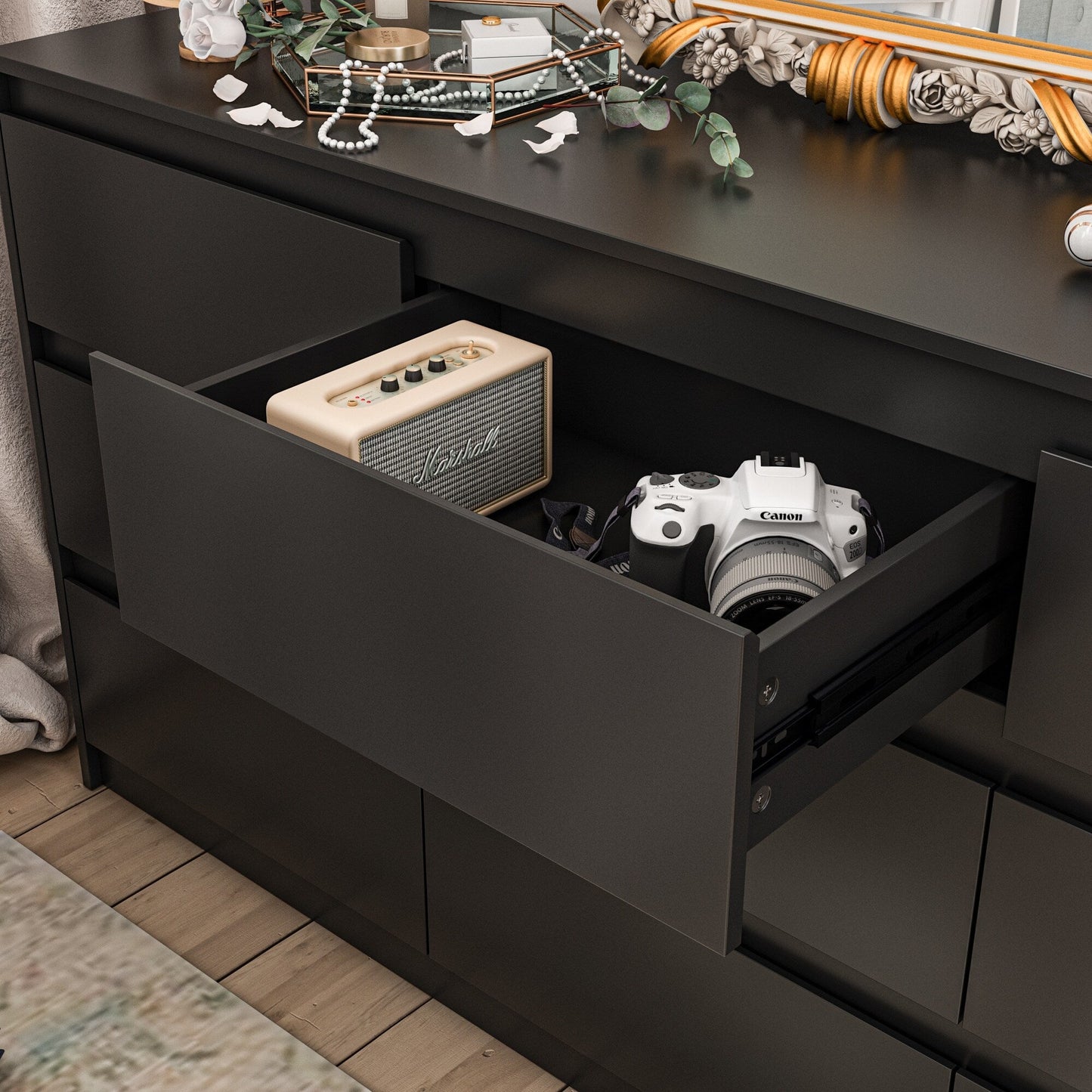 Meuble de rangement à 9 tiroirs, 63W, pour salon ou chambre à coucher.