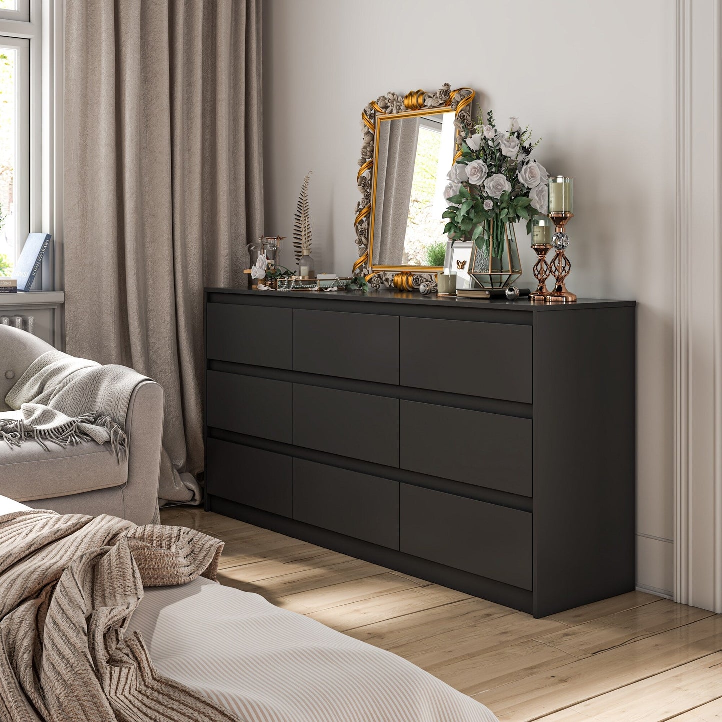 Meuble de rangement à 9 tiroirs, 63W, pour salon ou chambre à coucher.